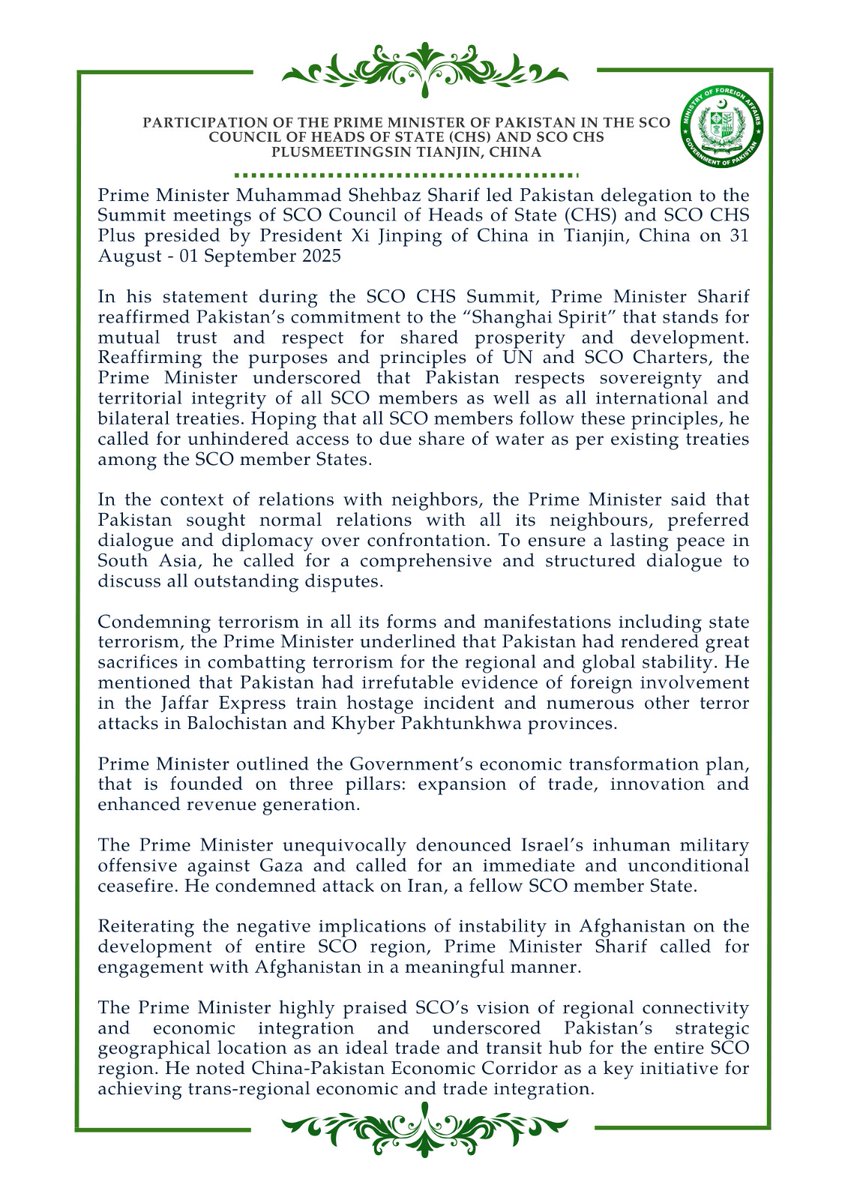 🔊PR No.2️⃣6️⃣6️⃣/2️⃣0️⃣2️⃣5️⃣

Participation of the Prime Minister of Pakistan in the SCO Council of Heads of State CHS and SCO CHS Plus Meetings in Tianjin, China 

mofa.gov.pk/press-releases…
