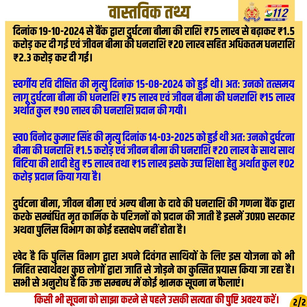 UPPOLICE FACT CHECK (@uppviralcheck) on Twitter photo कतिपय सोशल मीडिया प्लेटफॉर्म पर बैंक ऑफ़ बड़ौदा एवं उ0प्र0 पुलिस के मध्य हुए MOU के दृष्टिगत प्रदान की जाने वाली बीमा की धनराशि के सम्बन्ध में भ्रामक सूचना फैलाई जा रही है। #UPPolice  इस भ्रामक सूचना का खण्डन एवं सभी से अनुरोध करती है कि बिना सत्यापन भ्रामक सूचना न फैलाएं। कतिपय सोशल मीडिया प्लेटफॉर्म पर बैंक ऑफ़ बड़ौदा एवं उ0प्र0 पुलिस के मध्य हुए MOU के दृष्टिगत प्रदान की जाने वाली बीमा की धनराशि के सम्बन्ध में भ्रामक सूचना फैलाई जा रही है। #UPPolice  इस भ्रामक सूचना का खण्डन एवं सभी से अनुरोध करती है कि बिना सत्यापन भ्रामक सूचना न फैलाएं।