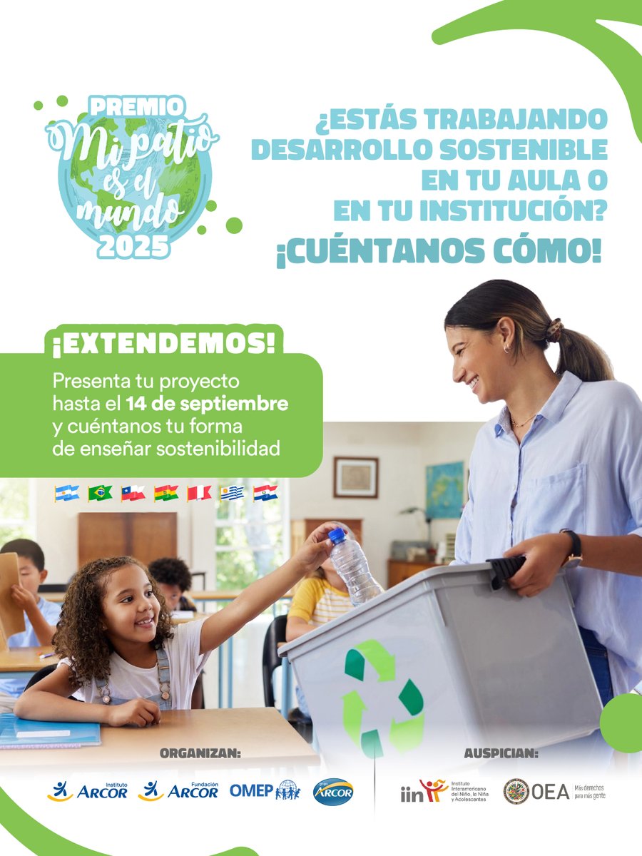 📣 ¡ATENCIÓN!¿Estás trabajando proyectos de DESARROLLO SOSTENIBLE en tu aula o institución? 👉🏽👉🏽👉🏽 ¡EXTENDIMOS el plazo para que postules al Premio 🌎🌱 Mi Patio es el Mundo hasta el 14 de septiembre! 
Inscríbete desde aquí ➡️ fundacionarcor.org/mi-patio-es-el…
