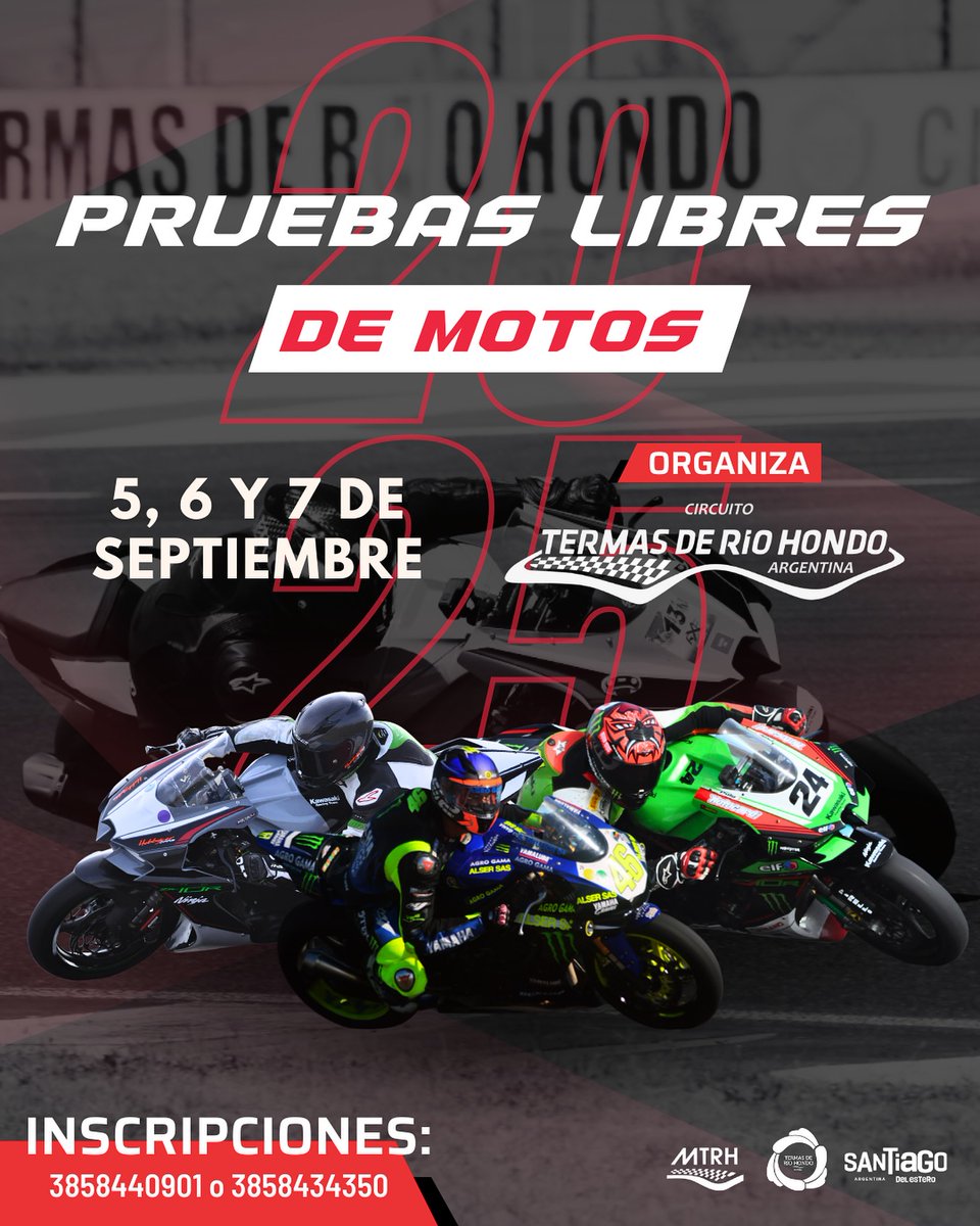 Turismo_SDE's tweet photo. 🏍️🔥 Del 5 al 7 de septiembre viví la emoción de las Pruebas Libres de Motos en el Circuito Internacional de Termas de Río Hondo.

📲 Inscripciones: 3858 440901 / 3858 434350

#PruebasLibres #Motociclismo #TermasDeRíoHondo https://t.co/E6r8QV1lqK