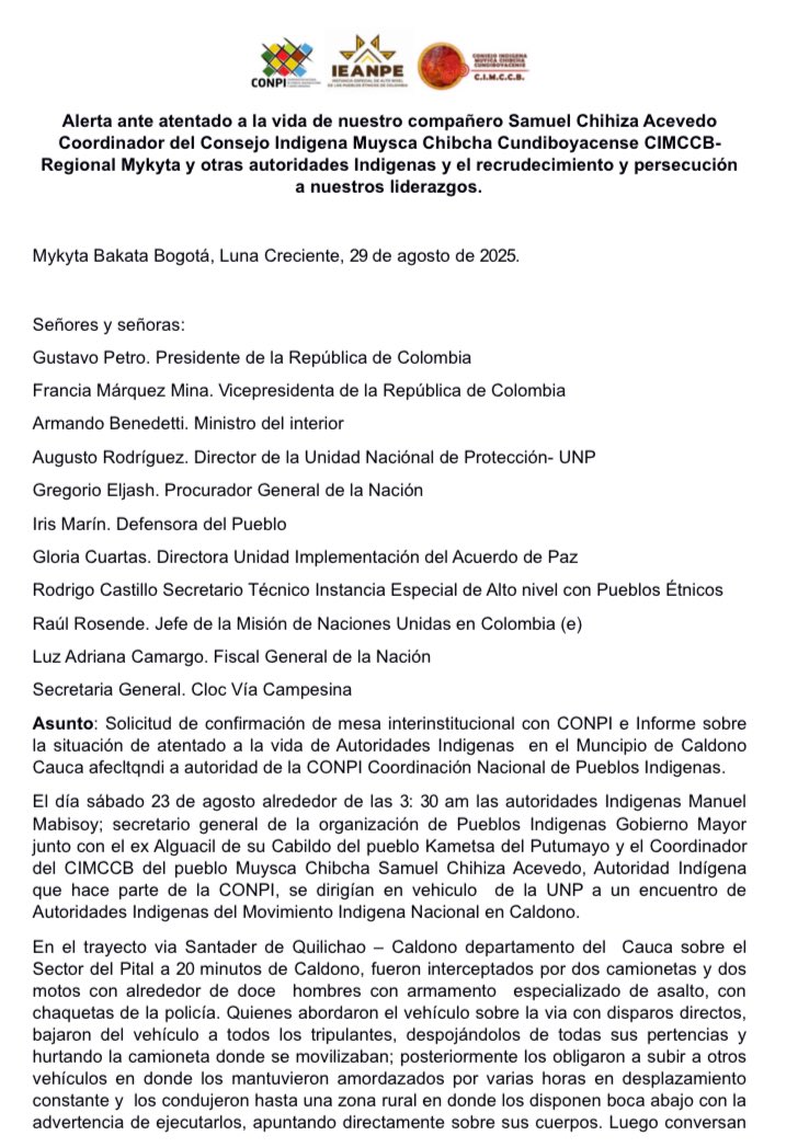 conpicolombia's tweet photo. Alerta por atentado a la vida de nuestro compañero Samuel Chihiza Acevedo
Coordinador del Consejo Indigena Muysca Chibcha Cundiboyacense CIMCCB- Regional Mykyta (Bogotá) y otras autoridades Indigenas y el recrudecimiento y persecución
a nuestros liderazgos https://t.co/917fJirIAa https://t.co/daaObDAx1A