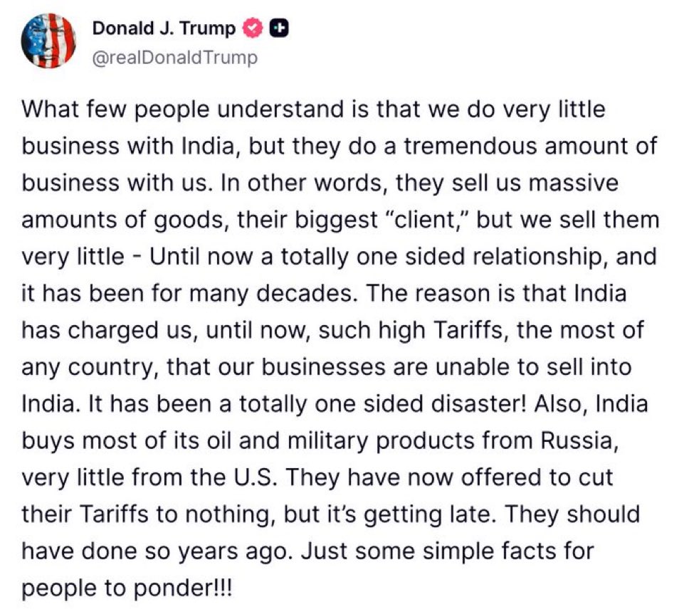 Woke Up

Realised India is growing stronger relations with Russia 🇷🇺 &amp; China 🇨🇳 

Tweets about India’s plans to Reduce tariffs on USA to 0 👀