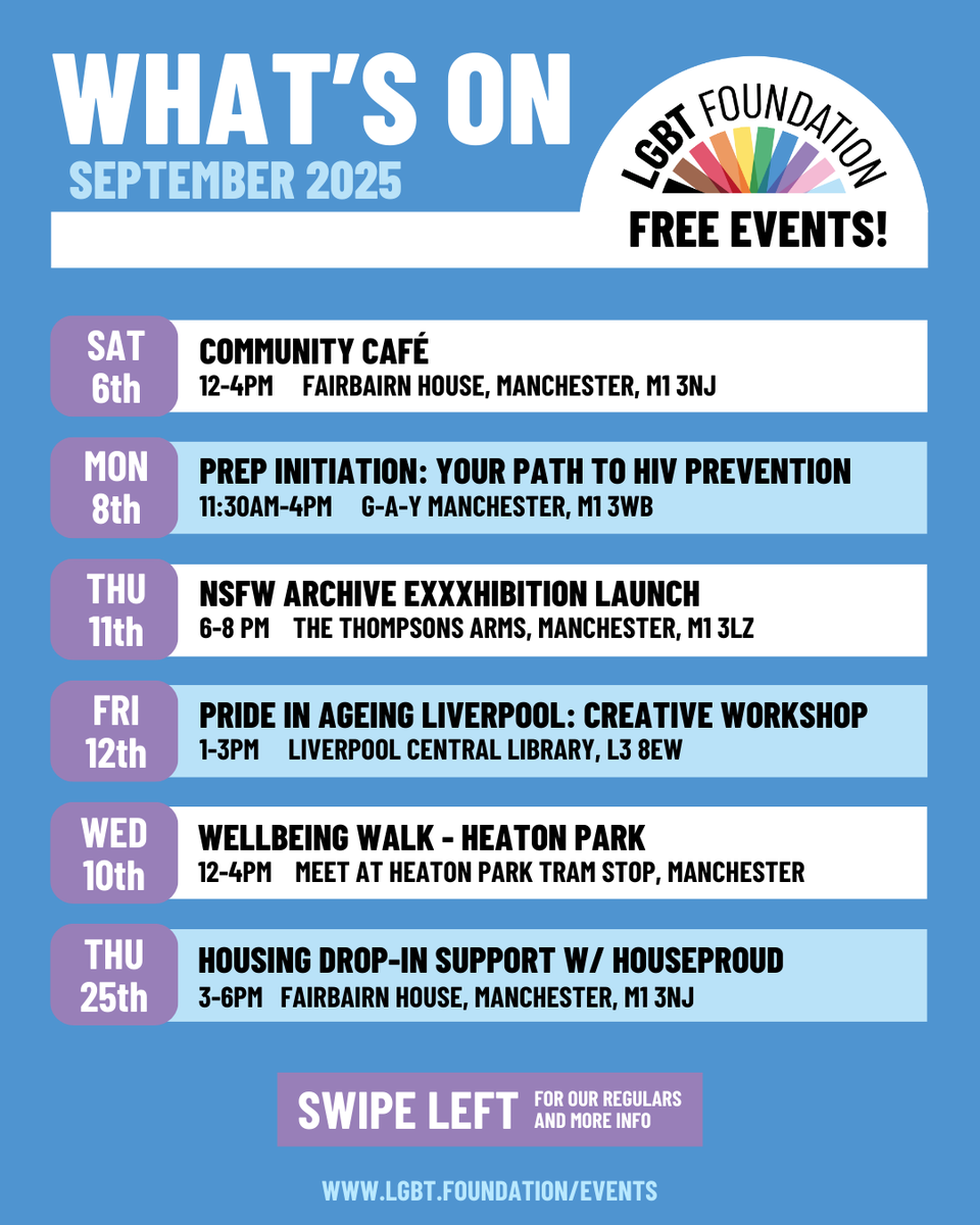 LGBTfdn's tweet photo. From the launch of our Exxxhibition to drop-in hours for the support you need, we're here to keep spreading queer hope and joy all month long๐
๐https://t.co/SVOU0ppj8z
#LGBTFoundation #LGBTFoundation50 #QueerEvents #ManchesterPride #LiverpoolLGBT #LGBTQStories https://t.co/KTJ23v9rQN