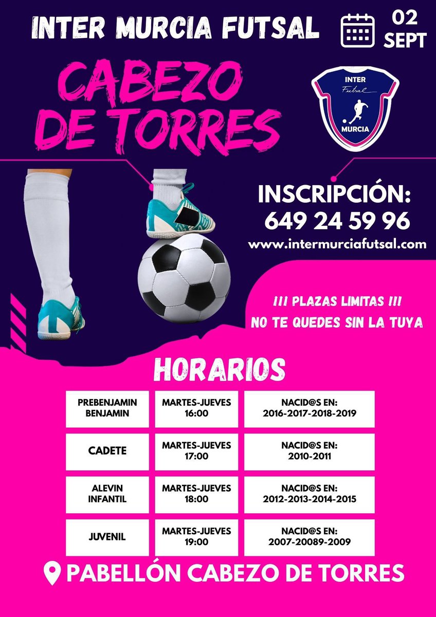 ⚽️🔜 ¡COMIENZAN LOS ENTRENOS EN EL CABEZO DE TORRES! 

Mañana inicia la temporada 25/26 en Cabezo de Torres 

En el cartel, toda la información sobre horarios y maneras para unirte a esta familia 

#SomosInter