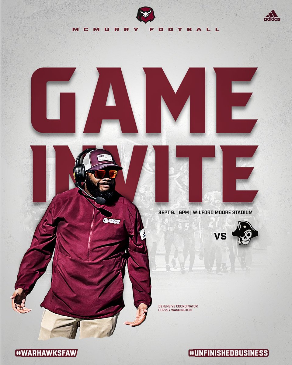 McMURRY FOOTBALL (@mcmurryfootball) on Twitter photo SEASON OPENER AT HOME! Future War Hawks contact your position coach for game day information.
Southwestern University / Saturday at 6:00 PM at Wilford Moore Stadium.
#WarHawksFAW
#DOMINATE
#GOOD
@CoachNealMCM
<a href="/CoachMNewby/">Matthew Newby</a>
@IAmCoachWash
<a href="/CoachRauMCM/">Mark Rau</a>
<a href="/kjkelley_1/">KJ Kelley</a>
<a href="/brownfieldIV/">Leo Brownfield IV</a> SEASON OPENER AT HOME! Future War Hawks contact your position coach for game day information.
Southwestern University / Saturday at 6:00 PM at Wilford Moore Stadium.
#WarHawksFAW
#DOMINATE
#GOOD
@CoachNealMCM
<a href="/CoachMNewby/">Matthew Newby</a>
@IAmCoachWash
<a href="/CoachRauMCM/">Mark Rau</a>
<a href="/kjkelley_1/">KJ Kelley</a>
<a href="/brownfieldIV/">Leo Brownfield IV</a>