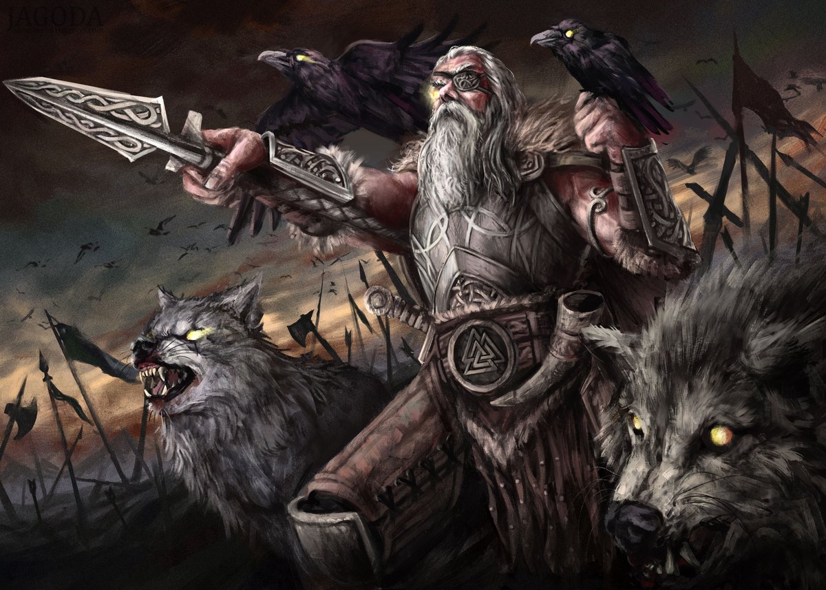 In Norse mythology and paganism, Gungnir ("the swaying one") is the spear of the Norse god Óðinn.

Known for always hitting it's target, it is said that come Ragnarǫk, Odin will ride out with his spear and fight the wolf Fenrir (Fenrisúlfr) with it.

🖼 By Jakub Jagoda.
