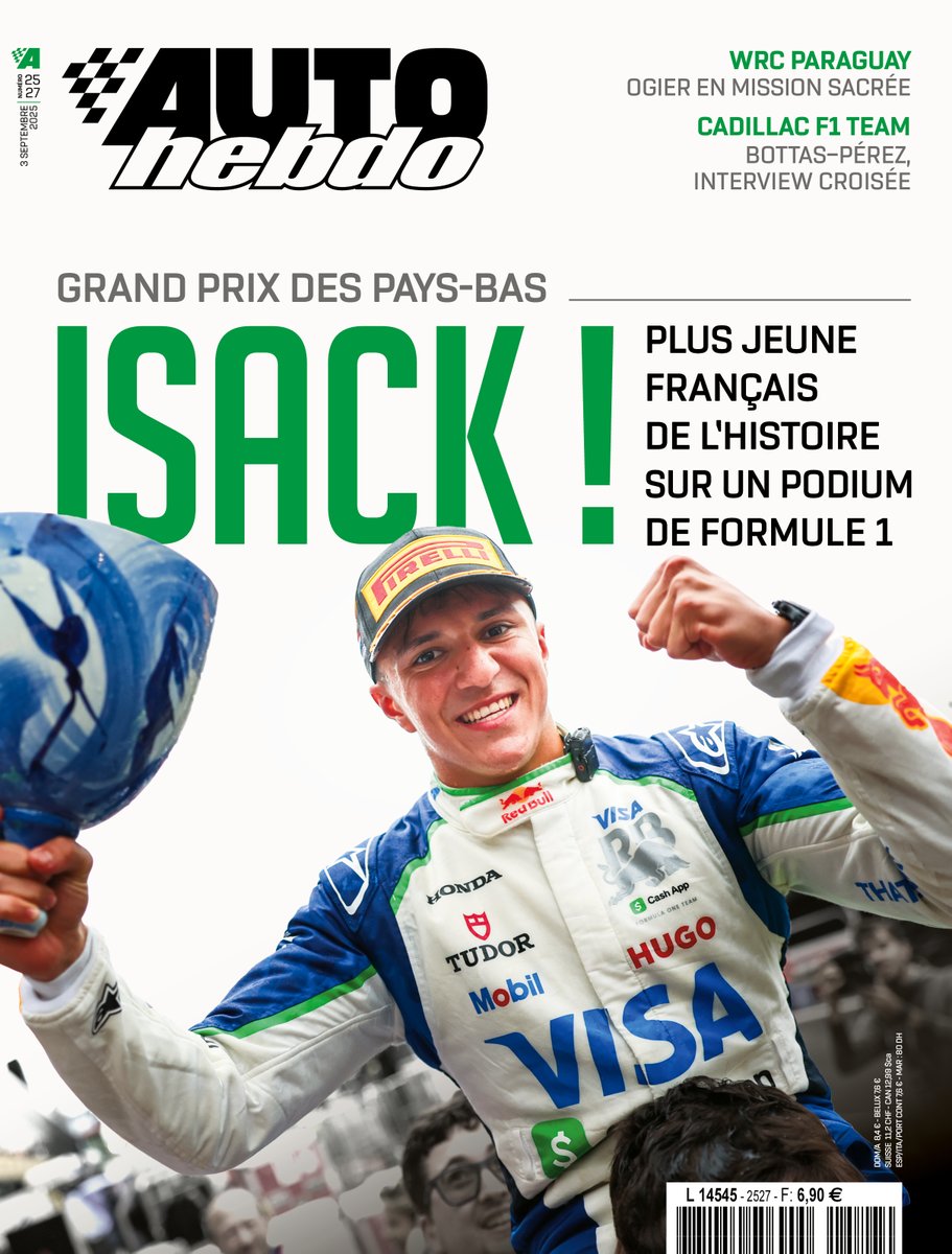 autohebdo's tweet image. La Une du numéro 2527 d'AUTOhebdo, en version numérique dès 20h et mercredi en kiosques ! 🏁

🥉 Isack Hadjar sur le podium à Zandvoort
🇵🇾 #WRC Paraguay : Ogier en mission sacrée

Pour acheter le numéro : kiosque-autohebdo.immanens.com
Pour vous abonner : autohebdo.aboshop.fr