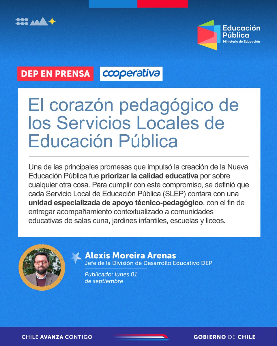 📰 #DEPenPrensa | Nueva columna de opinión del Jefe de la División de Desarrollo Educativo #DEP, Alexis Moreira Arenas, en Cooperativa: "El corazón pedagógico de los Servicios Locales de Educación Pública".

👉 Revisa el texto completo en opinion.cooperativa.cl/opinion/educac…