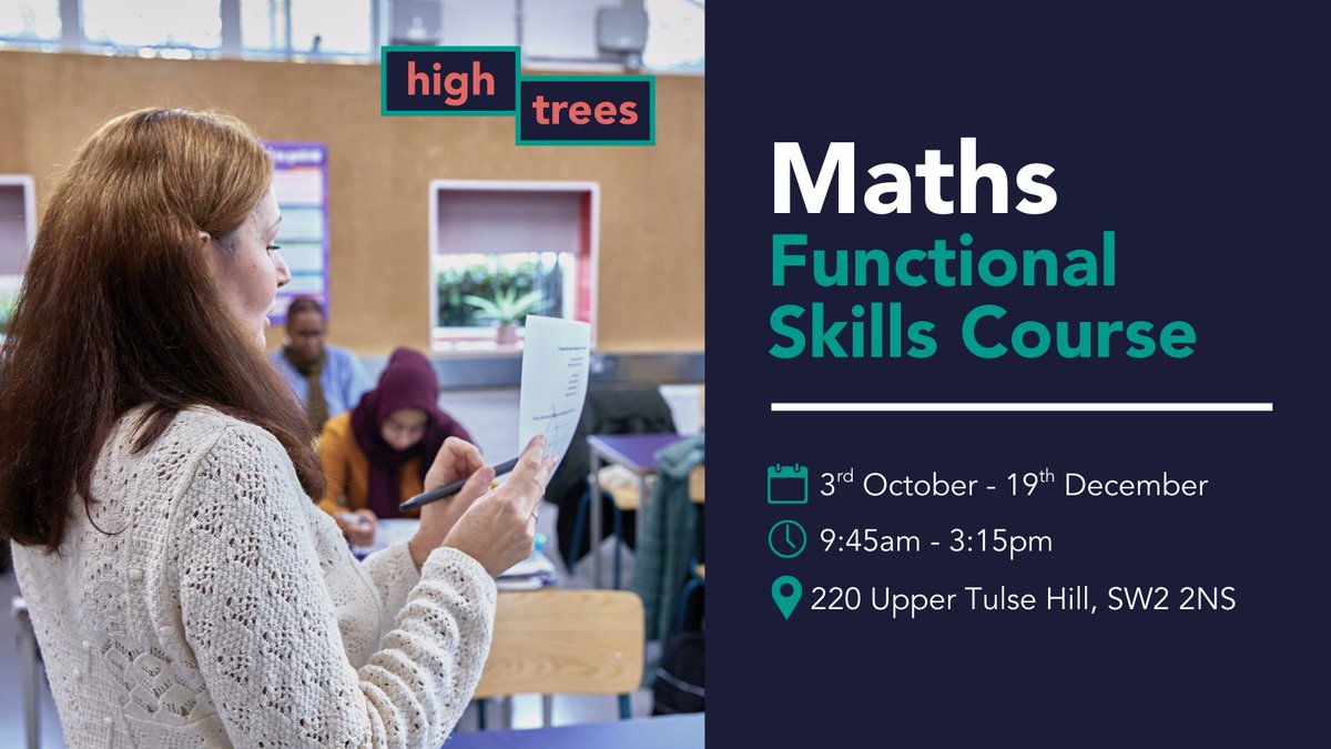 HighTreesCDT's tweet image. Join our FREE Maths Functional Skills course - perfect for building your confidence, learning practical skills, and working towards a qualification.

📅 Starts Friday 3rd October 
🕘 9:45am – 3:15pm

🔗 Register here: bit.ly/4mK8vgV

#AdultEducation #MathsCourse