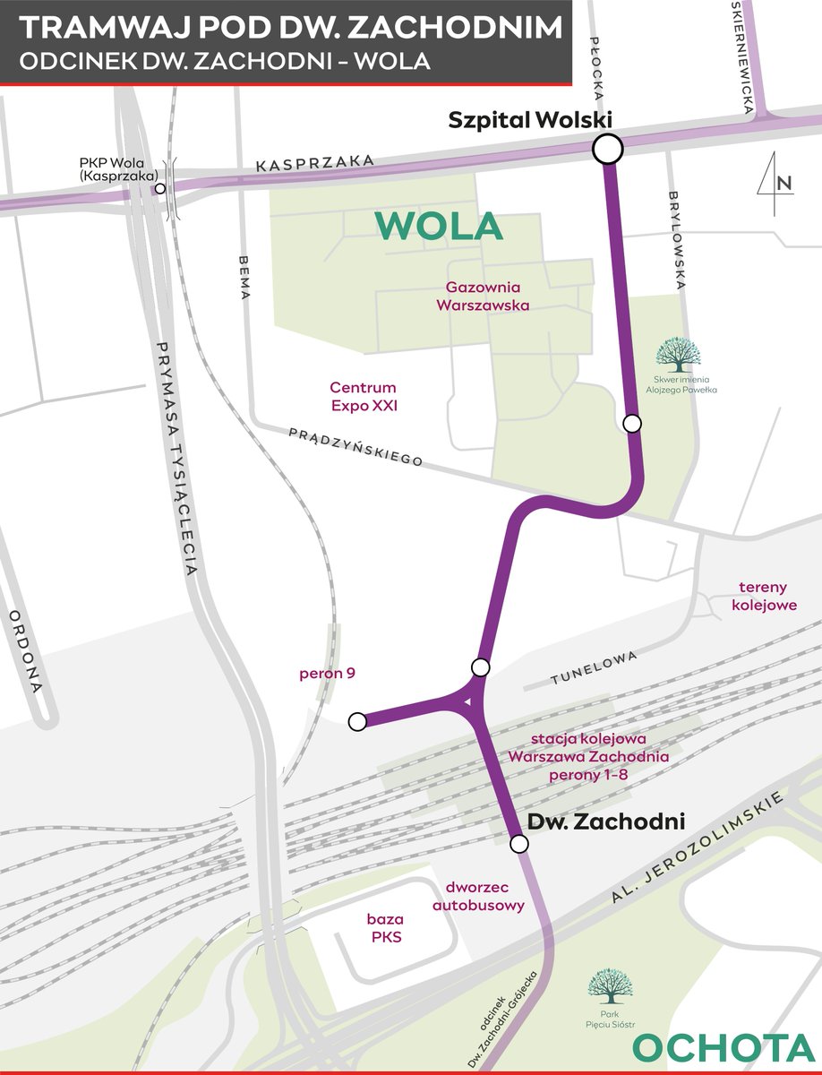 Ogłaszamy postępowanie przetargowe na wykonanie kompletnej dokumentacji projektowej dla trasy tramwajowej, która ma połączyć ul. Kasprzaka z Dworcem Zachodnim.
Długość nowej trasy wyniesie ok. 1,4 km, z czego pod ziemią znajdzie się ok. 0,9 km. Tory poprowadzą w istniejącym już