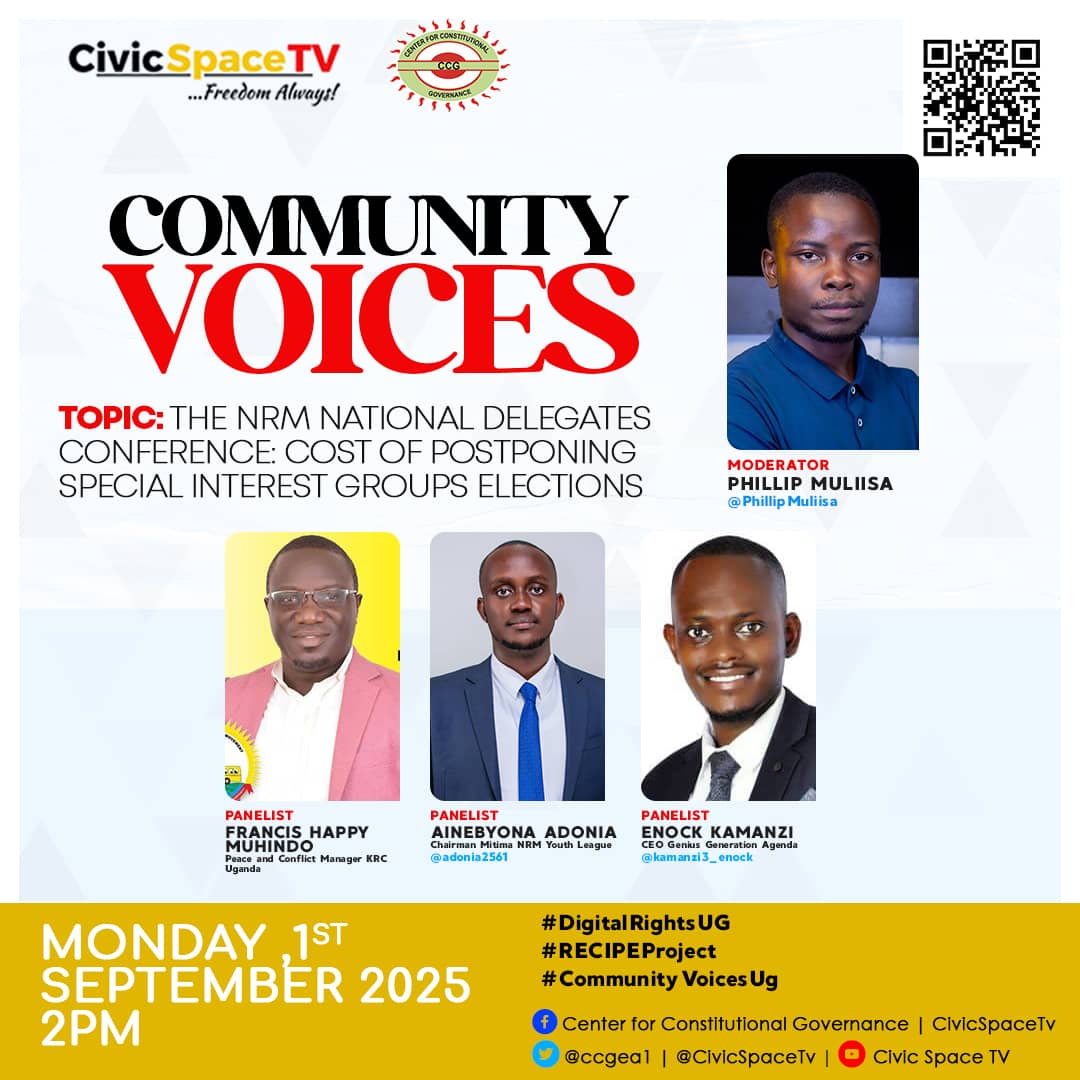'NRM National Delegates' conference:Cost of postponing special interest groups' elections.'
#CommunityVoicesUG 
#CivicSpaceTV 

Showing on↘️ youtu.be/l0lWzOgo594?si…

<a href="/Adonia2561/">Amb Adonia Aine (Ndugu)</a> <a href="/kamanzi3_enock/">Enock Kamanzi</a> <a href="/PHILIPMULIISA/">PHILIP MULIISA ( PM)</a> <a href="/ccgea1/">Center for Constitutional Governance (CCG)</a> <a href="/NayigaMadreen/">Nayiga Madreen</a>