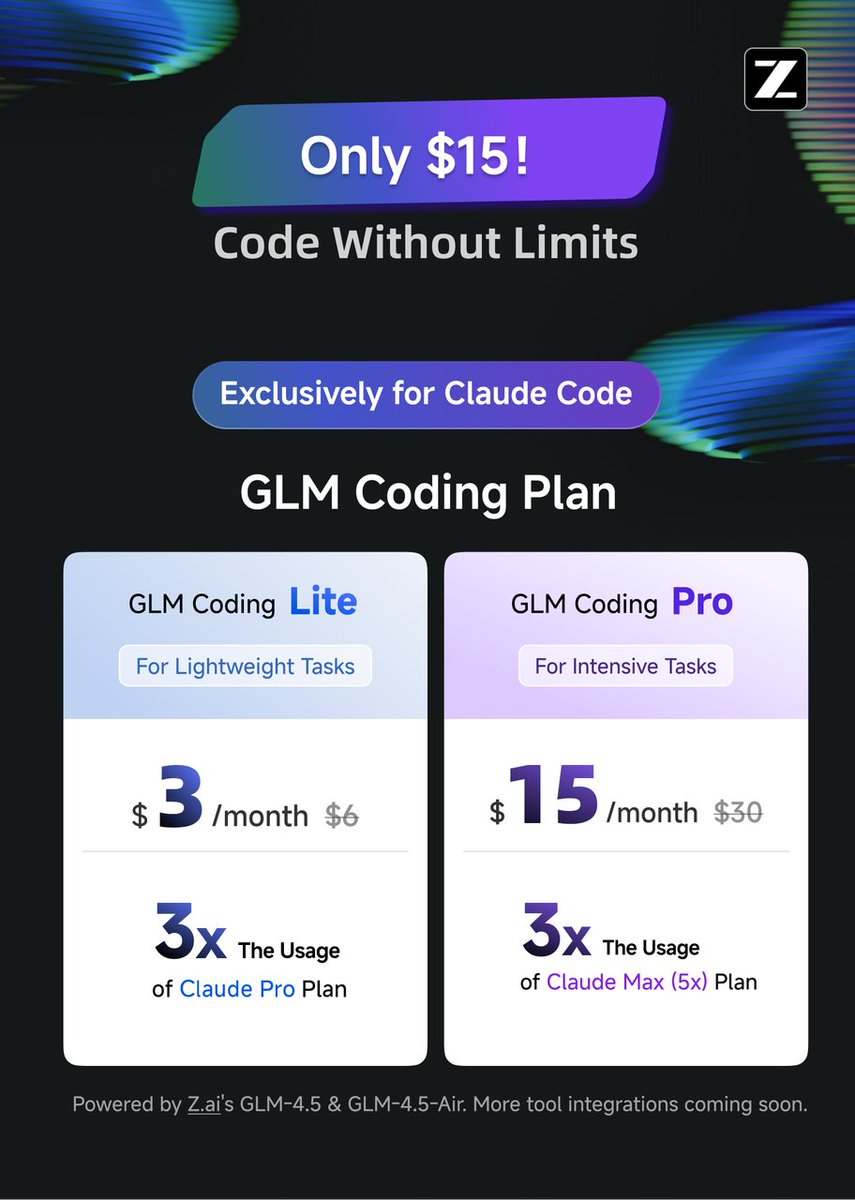 Zai_org's tweet image. Announcing GLM Coding Plan for Claude Code!
After seeing the amazing adoption of GLM-4.5 over the past month, we're making it more accessible.
Get started: z.ai/subscribe
Integration guide: docs.z.ai/scenario-examp…
What's new:
1/7th the price of original Claude Code…