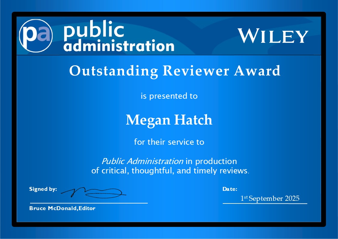 PA Journal (@journal_pa) on Twitter photo First, join me in congratulating <a href="/meganehatch/">Megan Hatch</a> (<a href="/CSULevinCollege/">Levin College of Public Affairs and Education</a>) as the winner of the 2025 Outstanding Reviewer Award for Public Administration! Congratulations, Megan! First, join me in congratulating <a href="/meganehatch/">Megan Hatch</a> (<a href="/CSULevinCollege/">Levin College of Public Affairs and Education</a>) as the winner of the 2025 Outstanding Reviewer Award for Public Administration! Congratulations, Megan!