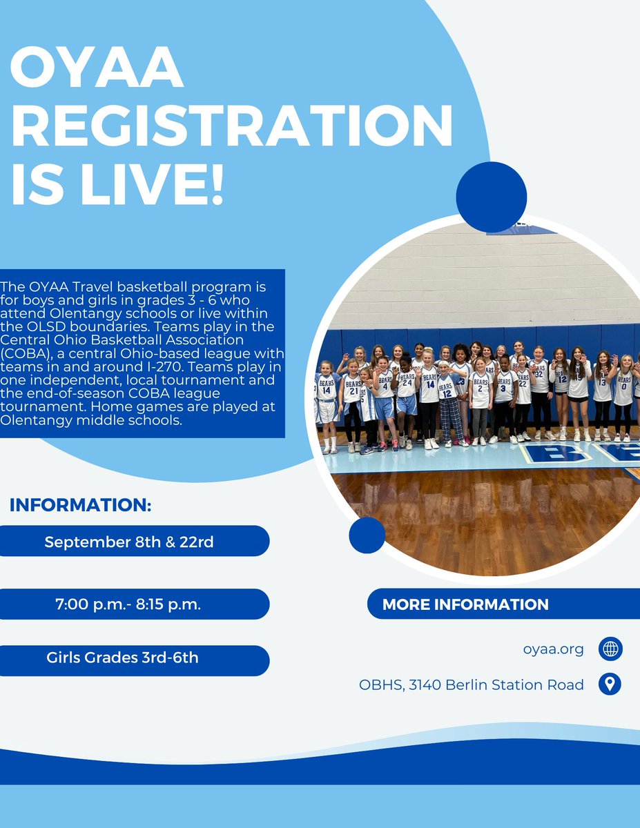 Registration is live to sign up for travel basketball for the 2025-2026 season on oyaa.org. Tryouts on 9/8 and 9/22 at Olentangy Berlin High School! ClawsUp!