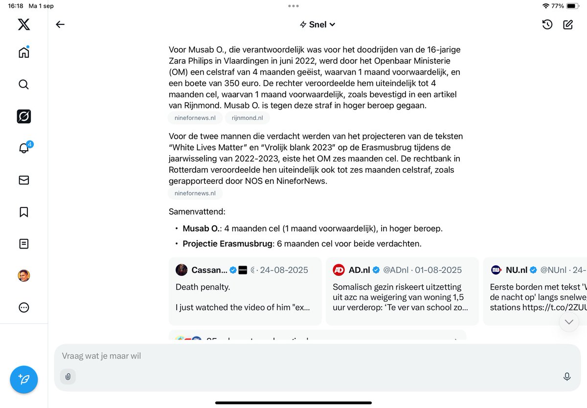 Harm Beertema (@harmbeertema) on Twitter photo De eis van <a href="/Het_OM/">Openbaar Ministerie</a> was in het geval van de dood van het 16-jarige meisje 4 maanden cel. De eis voor het projecteren van een tekst op die Erasmusbrug door datzelfde <a href="/Het_OM/">Openbaar Ministerie</a> was 6 maanden cel.
Factchecker <a href="/LidwienGerrits1/">Lidwien Gerritsen</a> vond dat er geen sprake was van #TwoTierJustice, want het De eis van <a href="/Het_OM/">Openbaar Ministerie</a> was in het geval van de dood van het 16-jarige meisje 4 maanden cel. De eis voor het projecteren van een tekst op die Erasmusbrug door datzelfde <a href="/Het_OM/">Openbaar Ministerie</a> was 6 maanden cel.
Factchecker <a href="/LidwienGerrits1/">Lidwien Gerritsen</a> vond dat er geen sprake was van #TwoTierJustice, want het