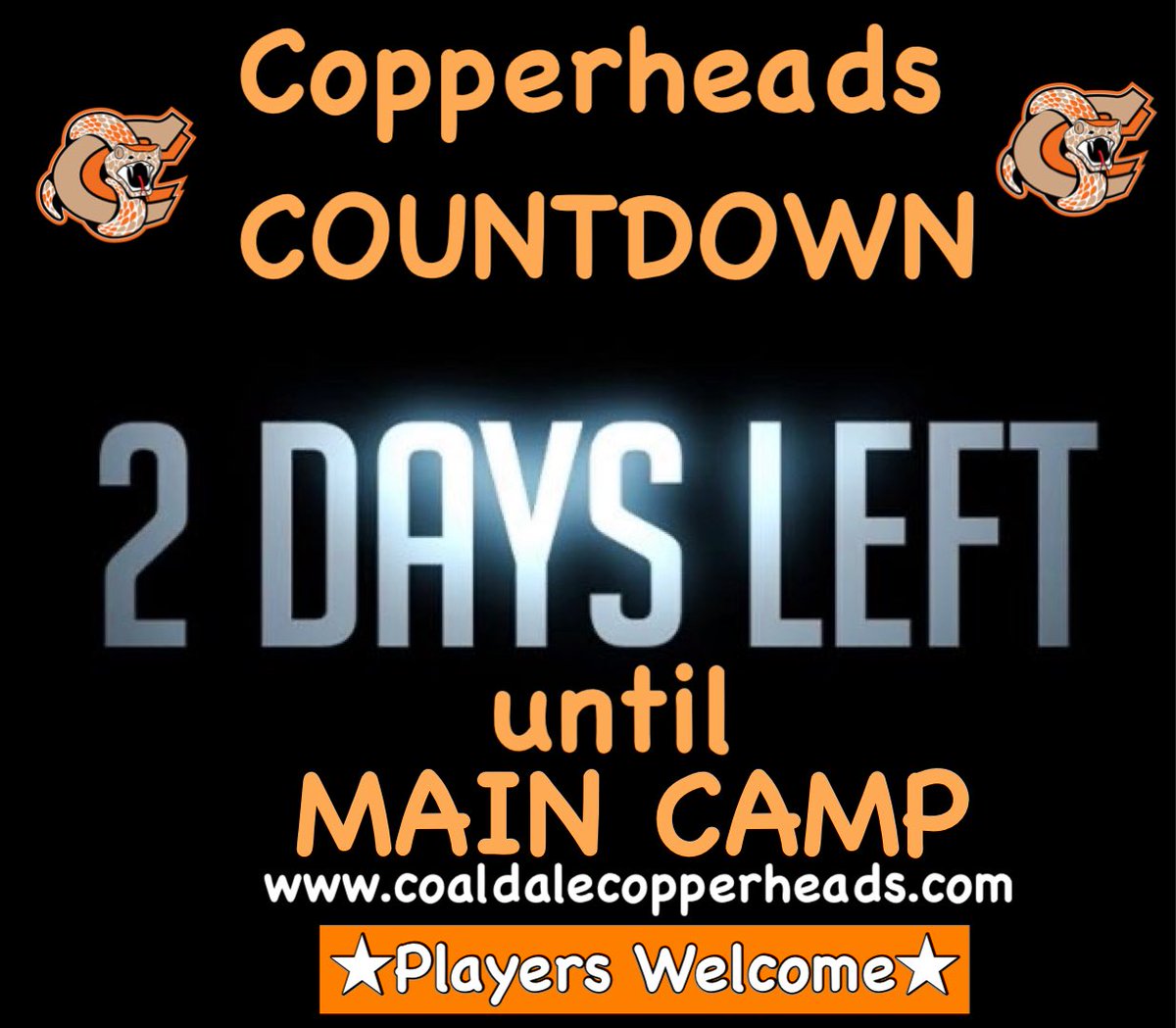 Two days left till main camp opens for the Copperheads at the Snake Pit in Coaldale.

Players still welcome to join. Follow info on our web site