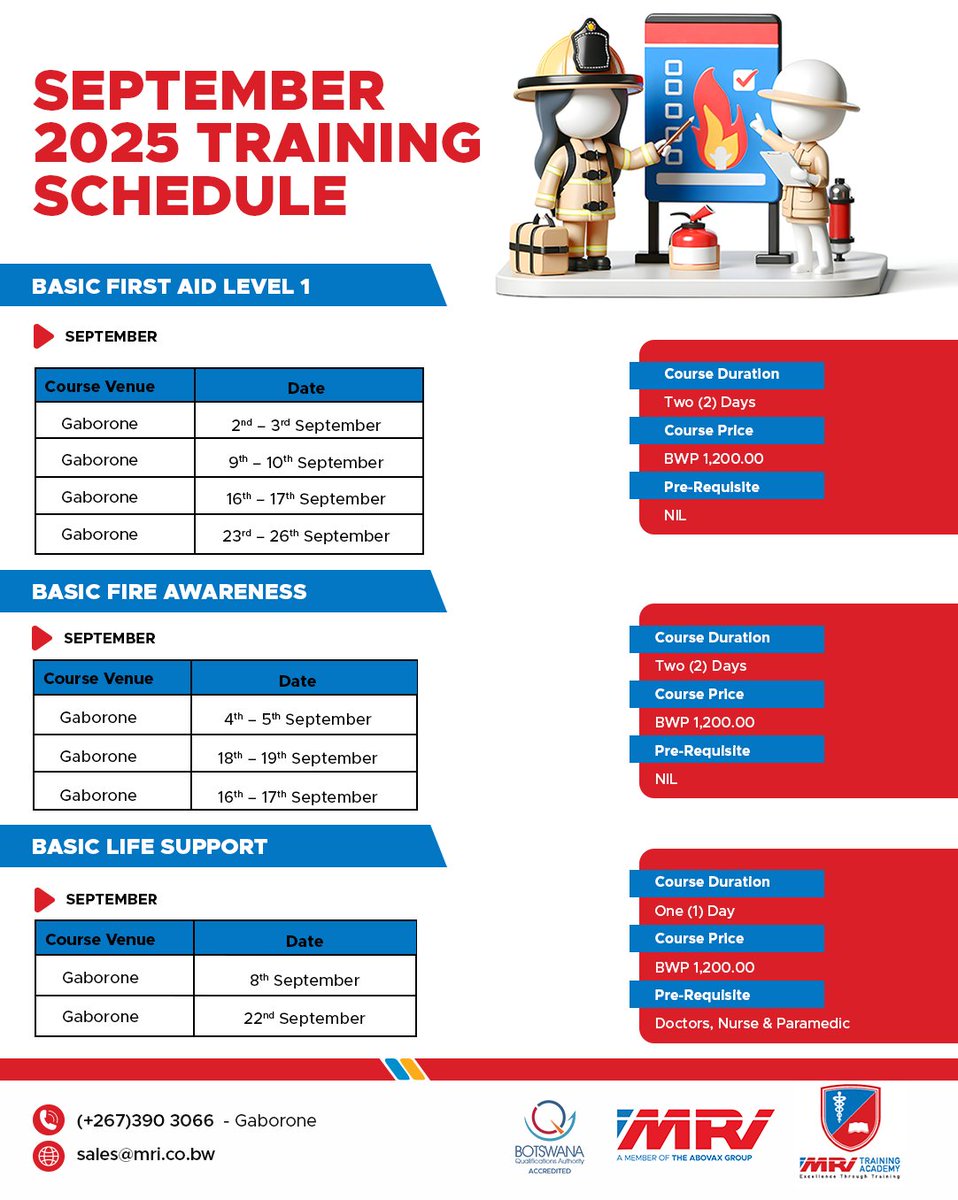 BotswanaMri's tweet image. Are you equipped to handle a medical emergency?
Book with us today to learn lifesaving skills
✅First Aid
✅Basic Fire Awareness
✅Basic Life Support (BLS)
BQA accredited courses!! Call us on 3903066
Email: sales@mri.co.bw
#WhenSecondsCounts
#mrigoldstandard
#YourPartnerInHealth