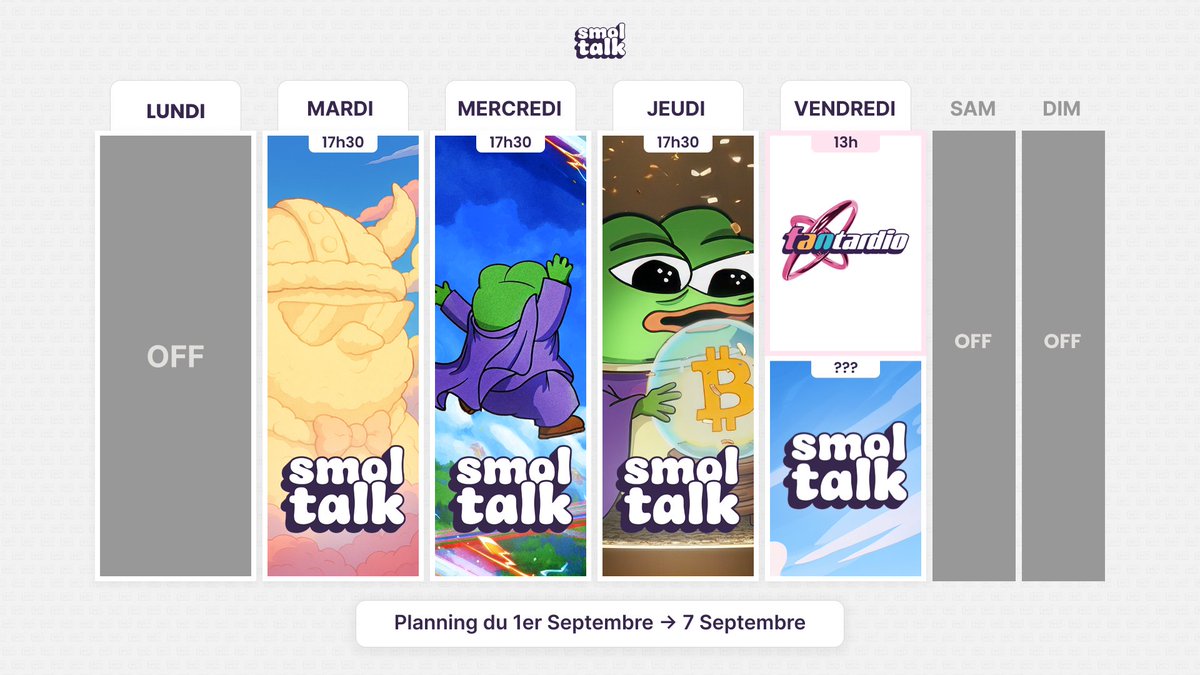 Bonne semaine à l'élite 🇫🇷 

On est de retour pour vous jouer de mauvais tours.. 

🐸<a href="/TheSmolTalk/">SMOLTALK</a> mardi mercredi jeudi (vendredi?) 
🃏<a href="/fantardi0/">fantardio</a> vendredi 13h