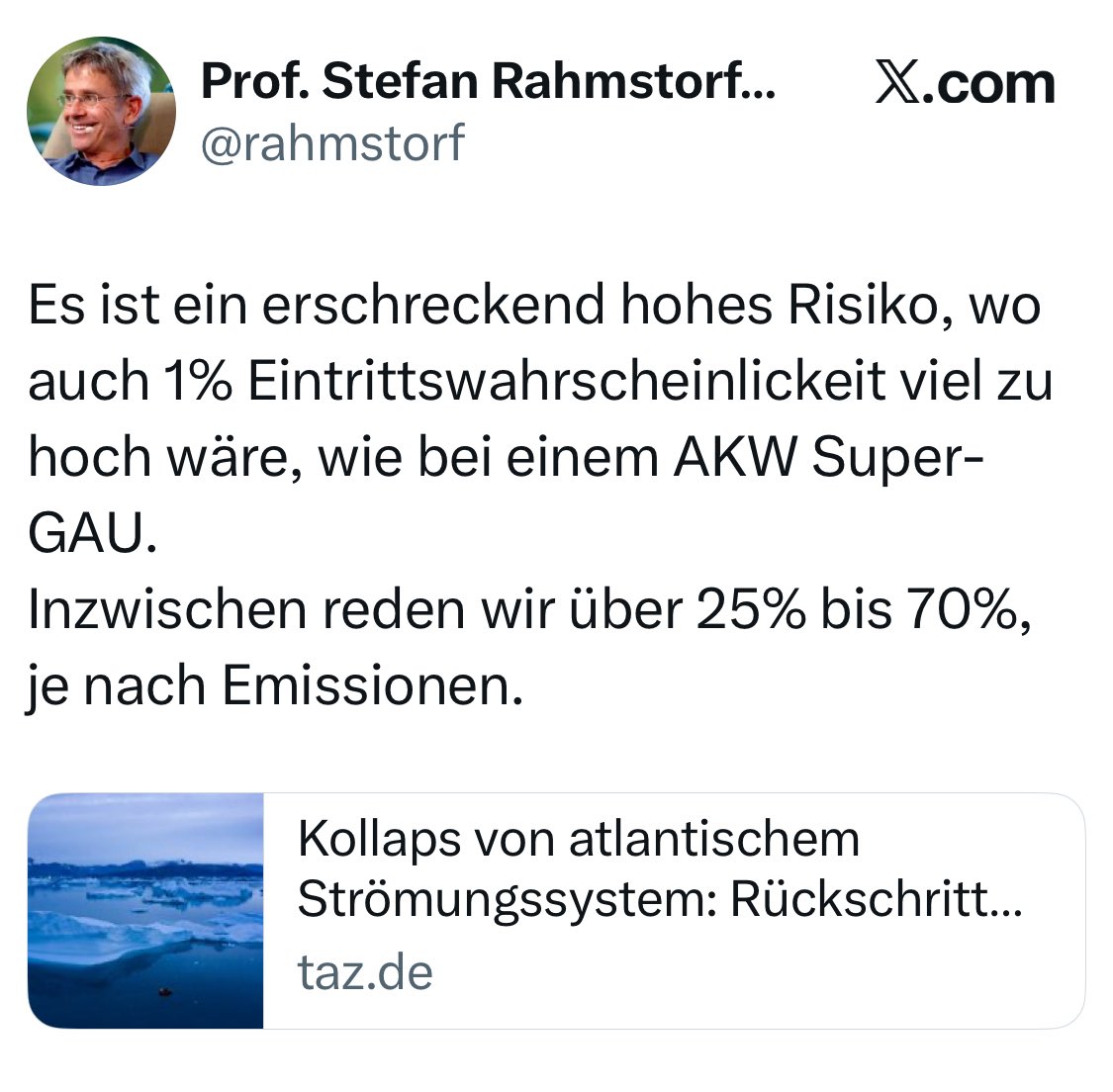 VeroWendland's tweet image. . @rahmstorf weiß nur nicht, dass die Kernschadensfrequenz eines Druckwasserreaktors nicht bei 1%, sondern bei 0,00002% liegt. 
(Über seine Kollaps-Behauptungen erlaube ich mir mangels Expertise kein Urteil. Sind sie so ungenau wie seine Angabe über Reaktorunfälle, dann 🚮)