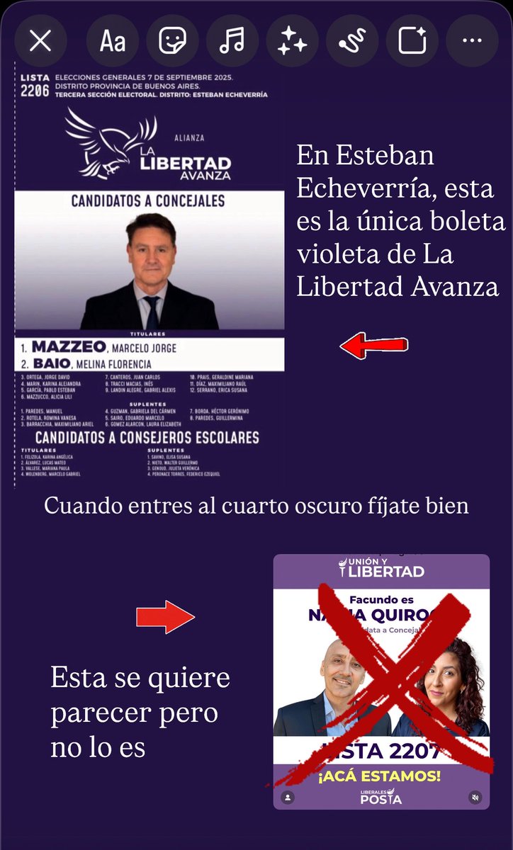 “En Esteban Echeverría la única boleta de Javier Milei es la “BOLETA VIOLETA”, Lista 2206 de LA LIBERTAD AVANZA. No te confundas: si querés acompañar al Presidente, en nuestro distrito es la LISTA 2206.”