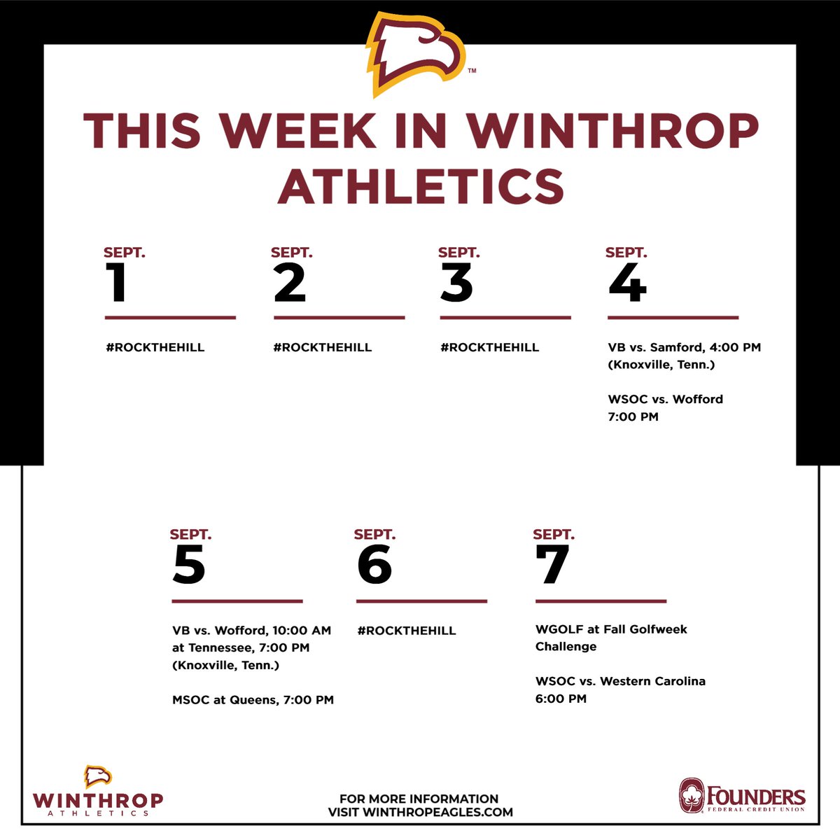 𝗧𝗵𝗶𝘀 𝗪𝗲𝗲𝗸 𝗜𝗻 𝗪𝗶𝗻𝘁𝗵𝗿𝗼𝗽 𝗔𝘁𝗵𝗹𝗲𝘁𝗶𝗰𝘀🦅

<a href="/WinthropWSoccer/">Winthrop Women's Soccer</a> with 2 home matches this week

<a href="/winthropvolley/">Winthrop Volleyball</a> &amp; <a href="/WinthropSoccer/">Winthrop Men's Soccer</a> hit the road while <a href="/WinthropWGolf/">Winthrop Women's Golf</a> opens their season

#ROCKtheHILL