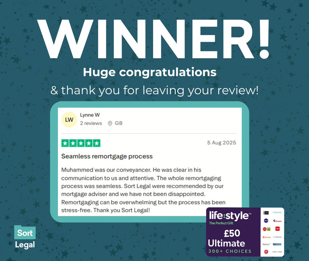 Your feedback means a lot to us at Sort Legal &amp; we love showing our thanks! 💚 
Check out our winning review below (drawn at random) to see this month's feedback winner 🏆
⭐ ⭐ ⭐ ⭐ ⭐

Want to be next? Leave us a Trustpilot review: orlo.uk/syNvn

#reviews #incentive