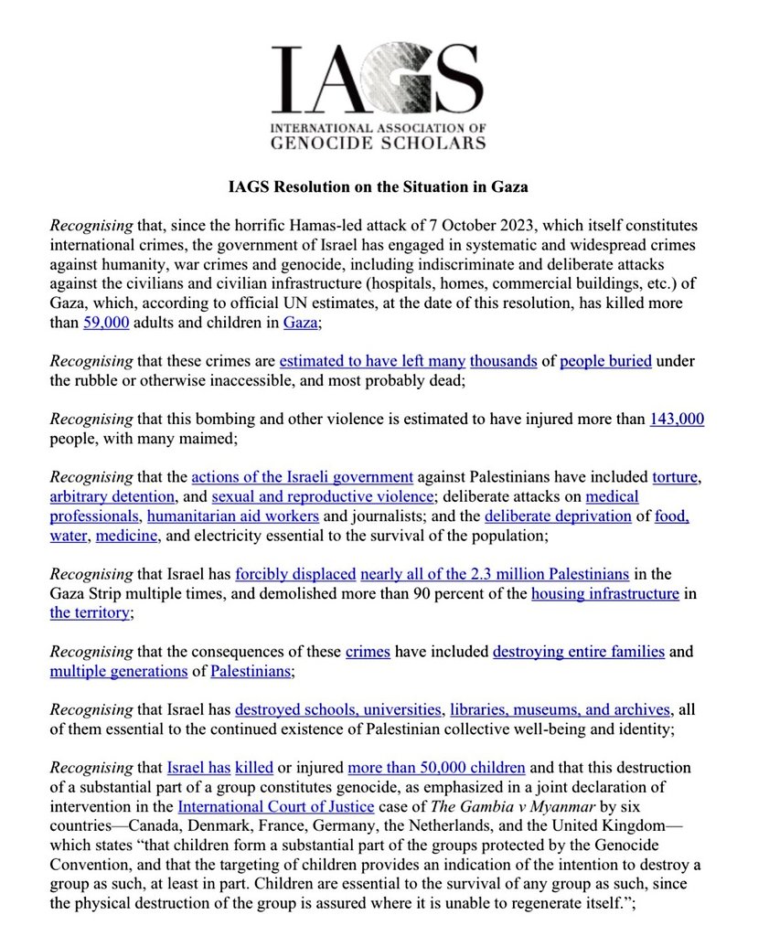 Kahlissee's tweet image. ⚡️BREAKING: 🚨 The International Association of Genocide Scholars declare Israel’s actions in Gaza as genocide, war crimes, and crimes against humanity, citing 59,000 killed, mass displacement, starvation, and deliberate targeting of civilians.

Again..86% of the world’s genocide…
