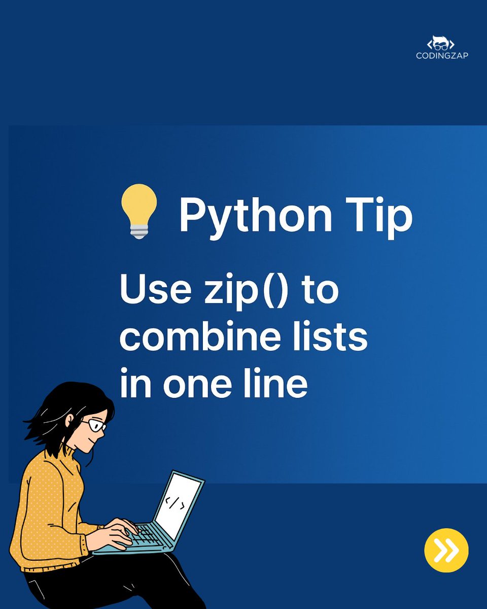 codingzaptech's tweet image. Python Tip:
Use zip() to combine lists in one line → cleaner, faster, smarter.
names = [&quot;Alex&quot;, &quot;Sam&quot;, &quot;Riya&quot;]
scores = [85, 90, 78]

for name, score in zip(names, scores):
print(f&quot;{name}: {score}&quot;)

What’s your favourite coding shortcut? 
#Python #CodingTips #DevelopersFoundry