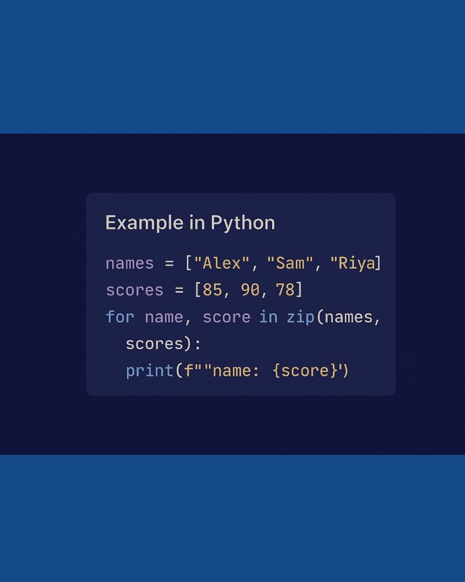 codingzaptech's tweet image. Python Tip:
Use zip() to combine lists in one line → cleaner, faster, smarter.
names = [&quot;Alex&quot;, &quot;Sam&quot;, &quot;Riya&quot;]
scores = [85, 90, 78]

for name, score in zip(names, scores):
print(f&quot;{name}: {score}&quot;)

What’s your favourite coding shortcut? 
#Python #CodingTips #DevelopersFoundry