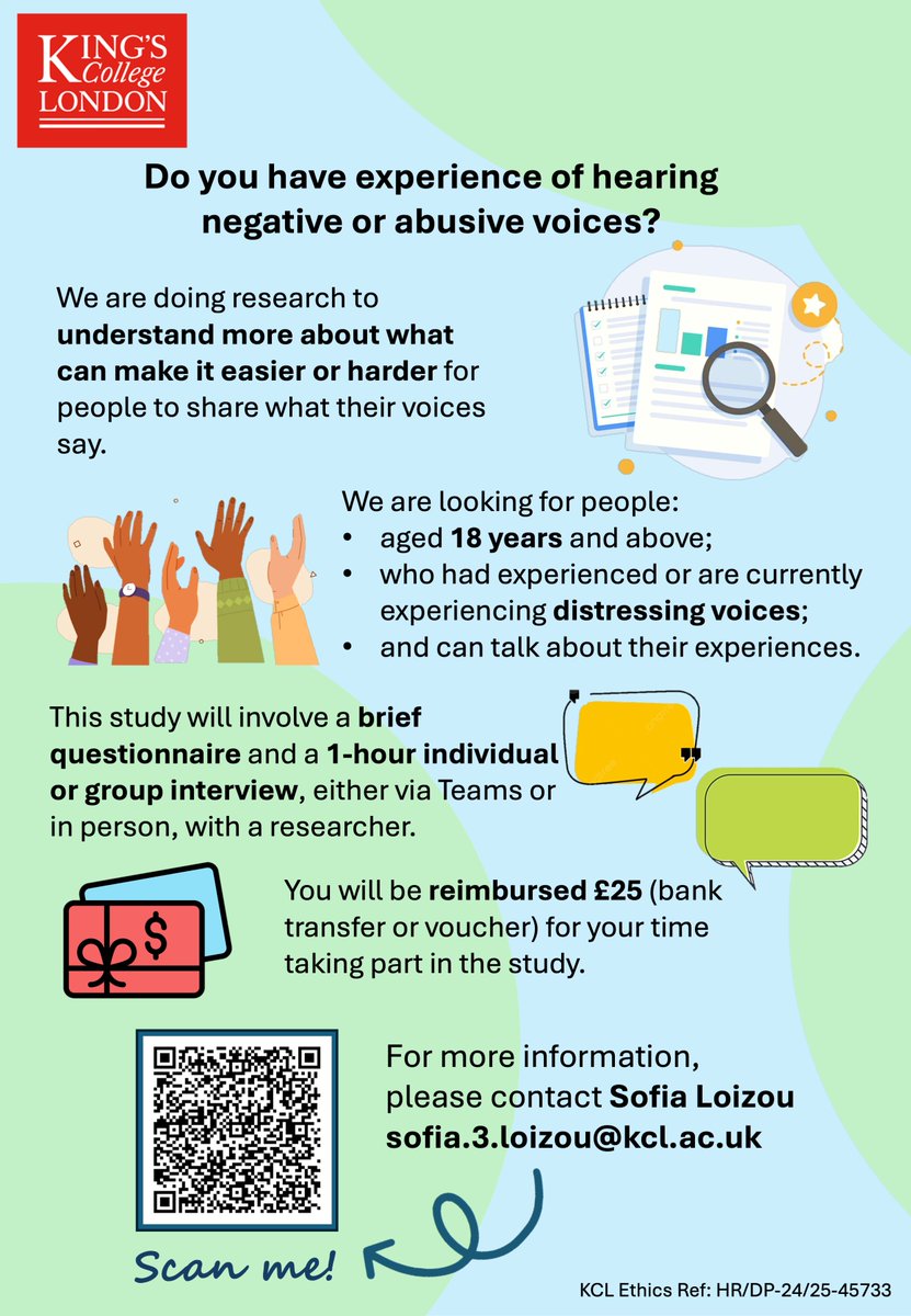 Do you have experience of hearing negative voices? 

We’re doing research to understand what makes it easier or harder for people to share what their voices say

🕑 1hr interview👥|  £25 reimbursement

Interested? Scan QR code or email us to take part

#research #voicehearing