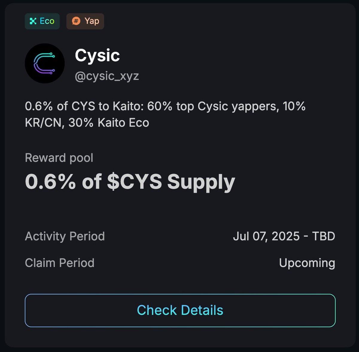 Big update on Kaito Earn!

<a href="/cysic_xyz/">Cysic</a> is allocating 0.6% of $CYS supply to reward the community till Q4 2025

60% → Top Cysic yappers

10% → KR / CN yappers

30% → Kaito ecosystem

Cysic is powering the future of ComputeFi, building rails for AI + ZK through tokenised compute.