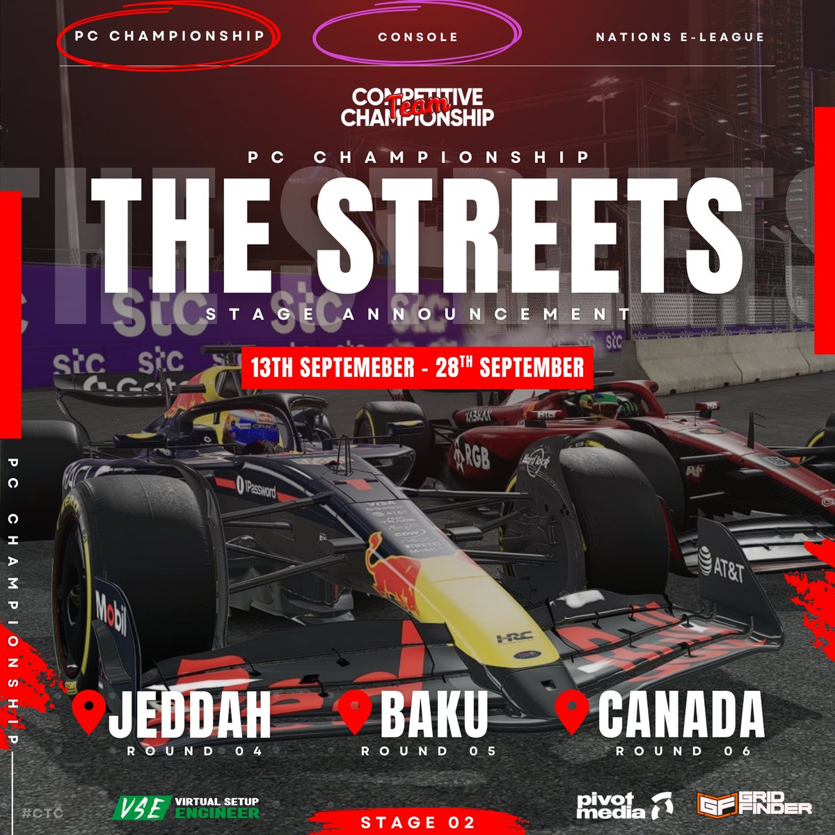 CTChampionship_'s tweet image. PC/Console Championship Calendar 👈

We are Pleased to Announce Stage 2 of 4 of the Season 5️⃣ Calendar

🇸🇦 Round 4 - 13th/14th September 
🇦🇿 Round 5 - 20th/21st September
🇨🇦 Round 6 - 27th/28th September

@GridFinder @PivotMediaGG @LeagueRacingTV

#F125 #CTC