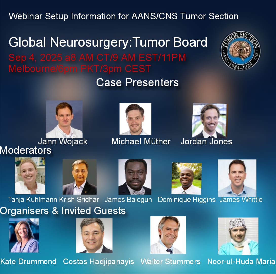 We are thrilled to inaugrate this new Global Neurosurgery:Tumor Board series under Prof.Kate Drummond ! 
Looking forward to welcoming you on Sep 4 , 8am CT/9am EST/11pm Melbourne/6pm PKT/3pm CEST
Don't miss!
Register now

aans-org.zoom.us/webinar/regist…
<a href="/AANSNeuro/">AANS</a>