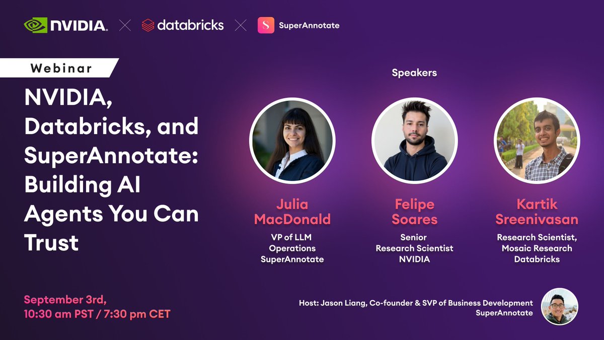 superannotate's tweet image. 🚨 Only 2 days left!
🚀Join NVIDIA, Databricks, and SuperAnnotate for a deep dive into how top teams evaluate and improve AI agents using structured evaluation and domain expert feedback.
👉 Register Now! superannotate.com/webinar