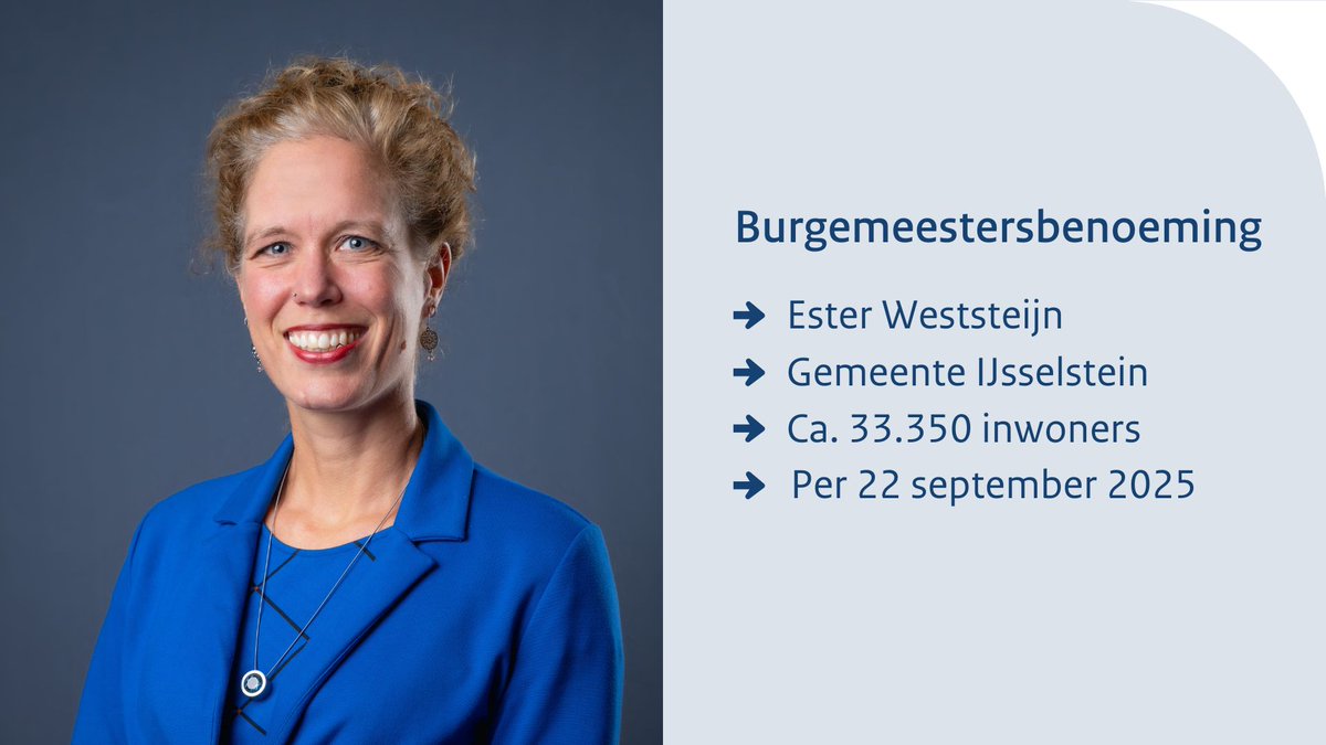 Ester Weststeijn is benoemd tot burgemeester van de gemeente IJsselstein. De benoeming gaat in op 22 september 2025. Lees het nieuwsbericht: rijksoverheid.nl/actueel/nieuws…
