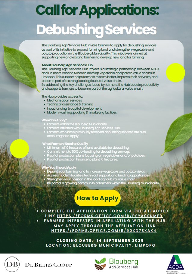 AgdaAgency's tweet photo. The Blouberg Agri Services Hub in partnership with De Beers Venetia Mines and AGDA is inviting farmers to apply for debushing services to help expand farming land. 
Apply now - https://t.co/5HQJrlQ496
Farmers interested in affiliating with the Hub - https://t.co/X21Yx4V3gJ https://t.co/nZ4GOIPyoD