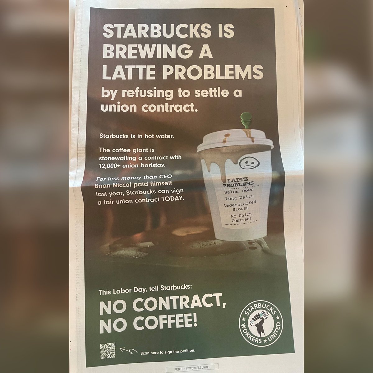 Happy Labor Day! Anybody see this in today's newspaper? ✊🔥

Sign our pledge to stand with over 12,000 union Starbucks workers and say No Contract, No Coffee! bit.ly/NoContractNoCo…