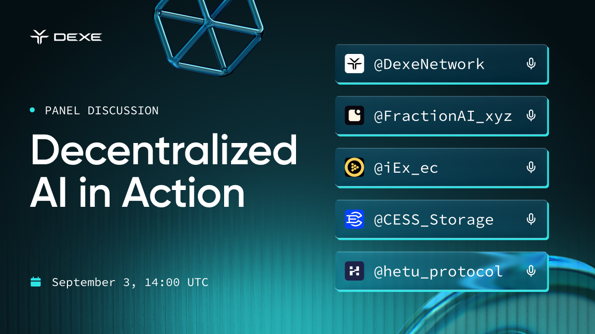 DeXe Protocol (@dexenetwork) on Twitter photo 🤖 Centralized AI is powerful, but fragile
Join our panel discussion with the builders shaping this future. We will explore how decentralization changes the AI game.
🗓 Date and Time: Sept 3 | 14:00 UTC
🎙 Guests:
<a href="/FractionAI_xyz/">Fraction AI</a> <a href="/iEx_ec/">iExec RLC</a> <a href="/CESS_Storage/">CESS Network</a> <a href="/hetu_protocol/">Hetu</a> 🤖 Centralized AI is powerful, but fragile
Join our panel discussion with the builders shaping this future. We will explore how decentralization changes the AI game.
🗓 Date and Time: Sept 3 | 14:00 UTC
🎙 Guests:
<a href="/FractionAI_xyz/">Fraction AI</a> <a href="/iEx_ec/">iExec RLC</a> <a href="/CESS_Storage/">CESS Network</a> <a href="/hetu_protocol/">Hetu</a>