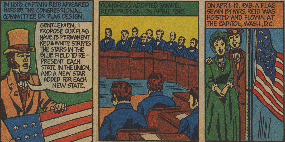 250yearsofUSA's tweet photo. A comic strip depicting Samuel Chester Reid proposing the new 13 Stripe and 20 Star American Flag. #250yearsofUSA https://t.co/SFNDYb40LM
