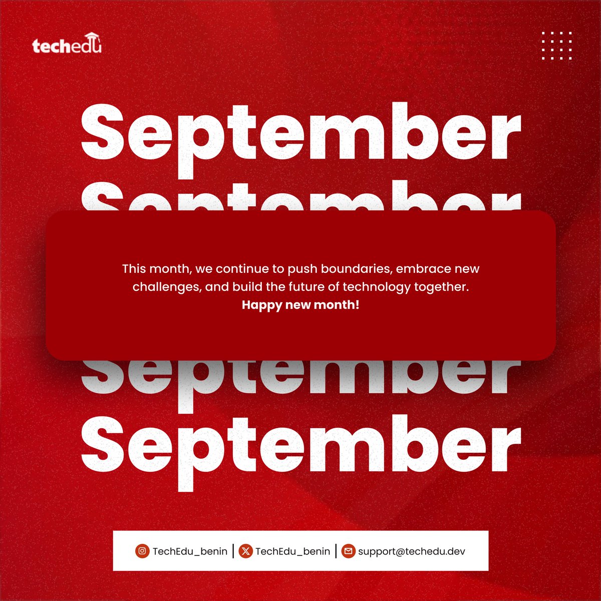 techedu_benin's tweet image. Happy new month!🚀 Welcome to September.

#TechEdu #TechAcademyinBeninCity #BeninCity