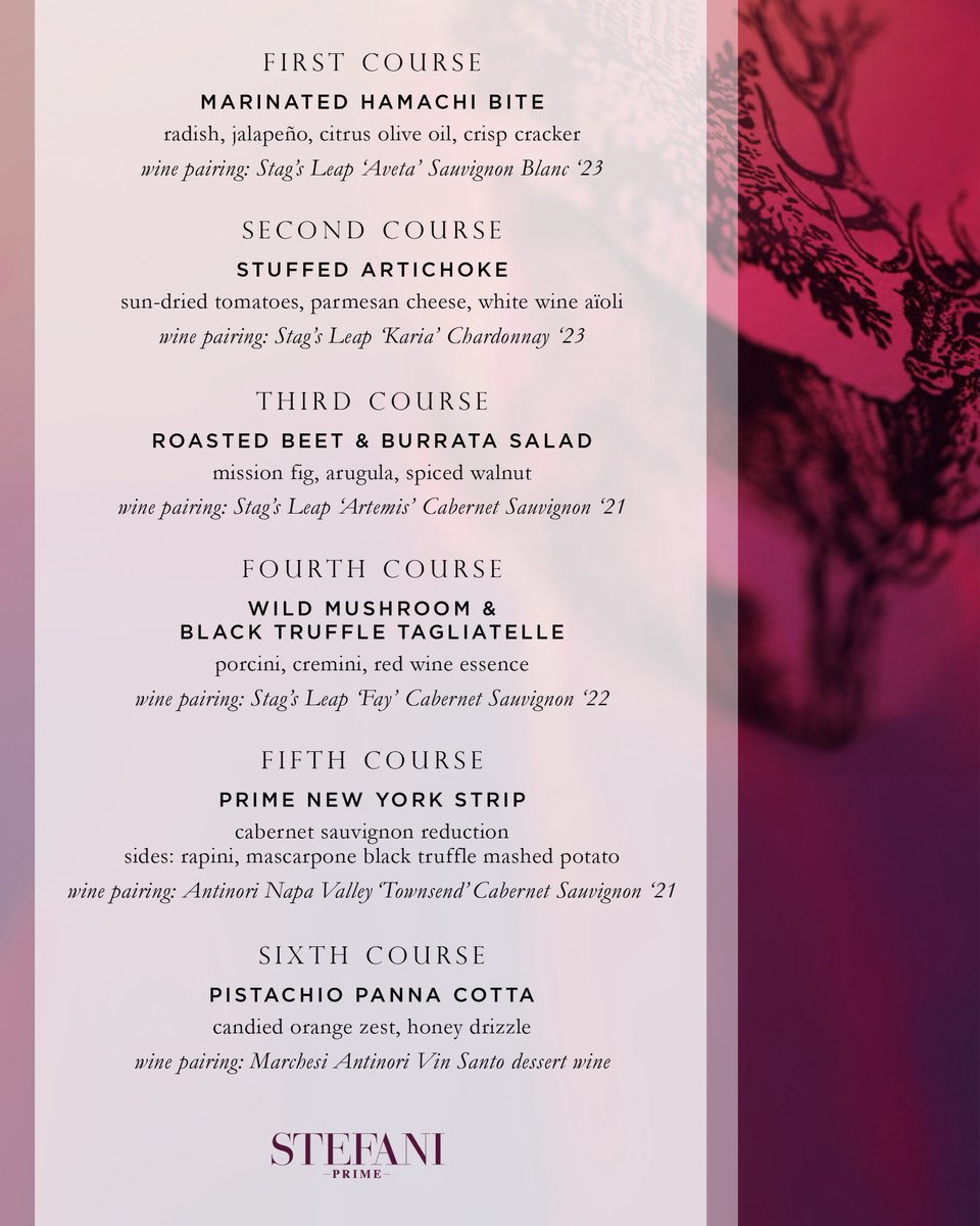 We’re pretty excited about this one 🤗
Join us Sept 17 for a legendary night in the making 🍷✨ Six-courses paired with world class selections from the esteemed Stag’s Leap Wine Cellars. Limited seats—reserve now at stefaniprime.com/wine!