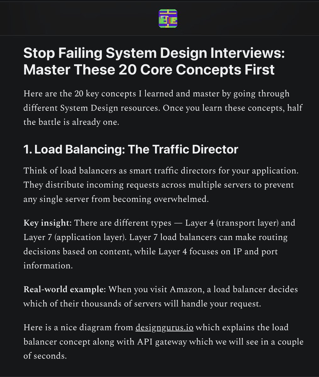santtiagom_'s tweet image. Para hacer apps escalables no alcanza con solo programar.
Necesitas enfocarte en el diseño y en cómo se comunican tus componentes.
Este post explica 20 conceptos clave como load balancing, API gateways, caching y CDNs.
Además, son temas que siempre aparecen en entrevistas…