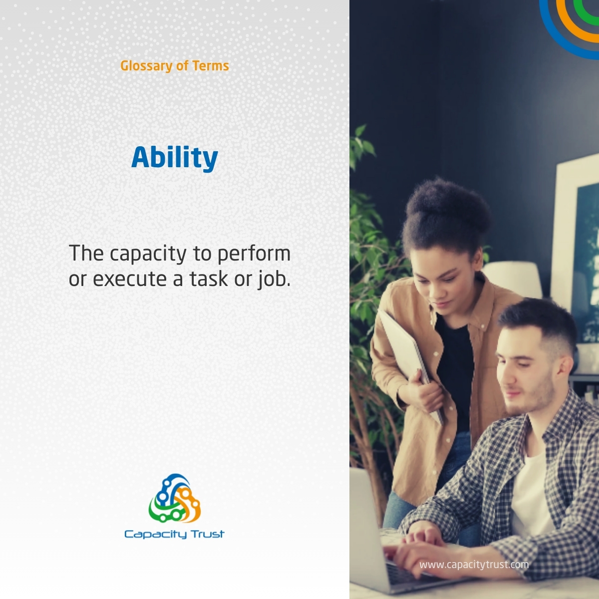 Ability

The degree to which someone can carry out certain types of mental reasoning operations.

Need assessments? Contact @capacity_trust Trust today to get psychometric assessments that you can trust.

#hr #assessments #humanresources #ability #skills #tests #glossary #namibia