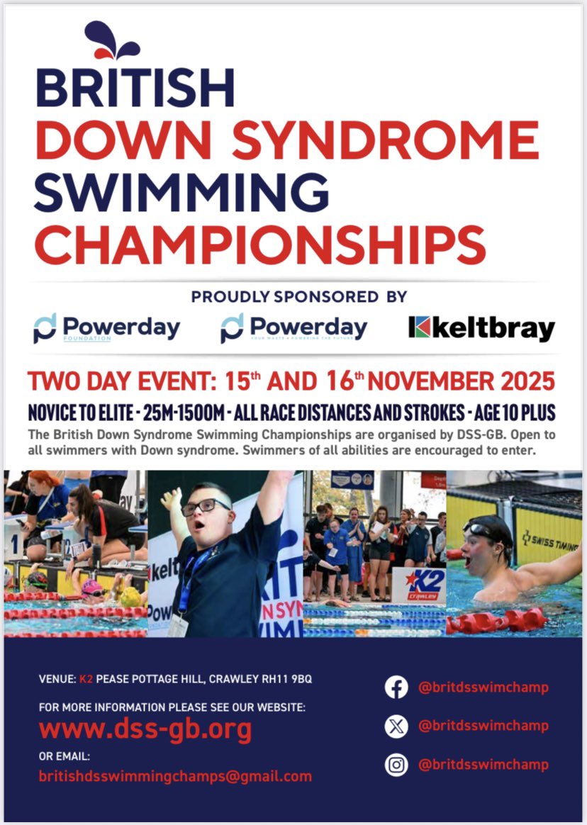 📣A heads up for all you swimmers with #downsyndrome out there!

Entries open 9am 8th September for the British Down Syndrome Swimming Champs 2025 &amp; close 12th October

A huge opportunity for our community to enjoy 🏊‍♀️

#swimming #downsyndrome #downsyndromeswimming #areyouready