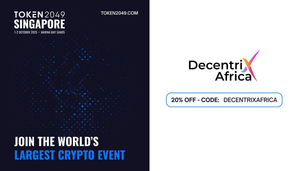 Decentrix Africa (@decentrixafrica) on Twitter photo Big news!
<a href="/DecentrixAfrica/">Decentrix Africa</a> Africa is now a Community Partner for <a href="/token2049/">TOKEN2049</a> Singapore 2025, happening Oct 1–2.
TOKEN2049 is the world’s leading Web3 event -where founders, investors & builders connect to shape the future of crypto, DeFi, NFTs & AI.
As partners, we’re making Big news!
<a href="/DecentrixAfrica/">Decentrix Africa</a> Africa is now a Community Partner for <a href="/token2049/">TOKEN2049</a> Singapore 2025, happening Oct 1–2.
TOKEN2049 is the world’s leading Web3 event -where founders, investors & builders connect to shape the future of crypto, DeFi, NFTs & AI.
As partners, we’re making