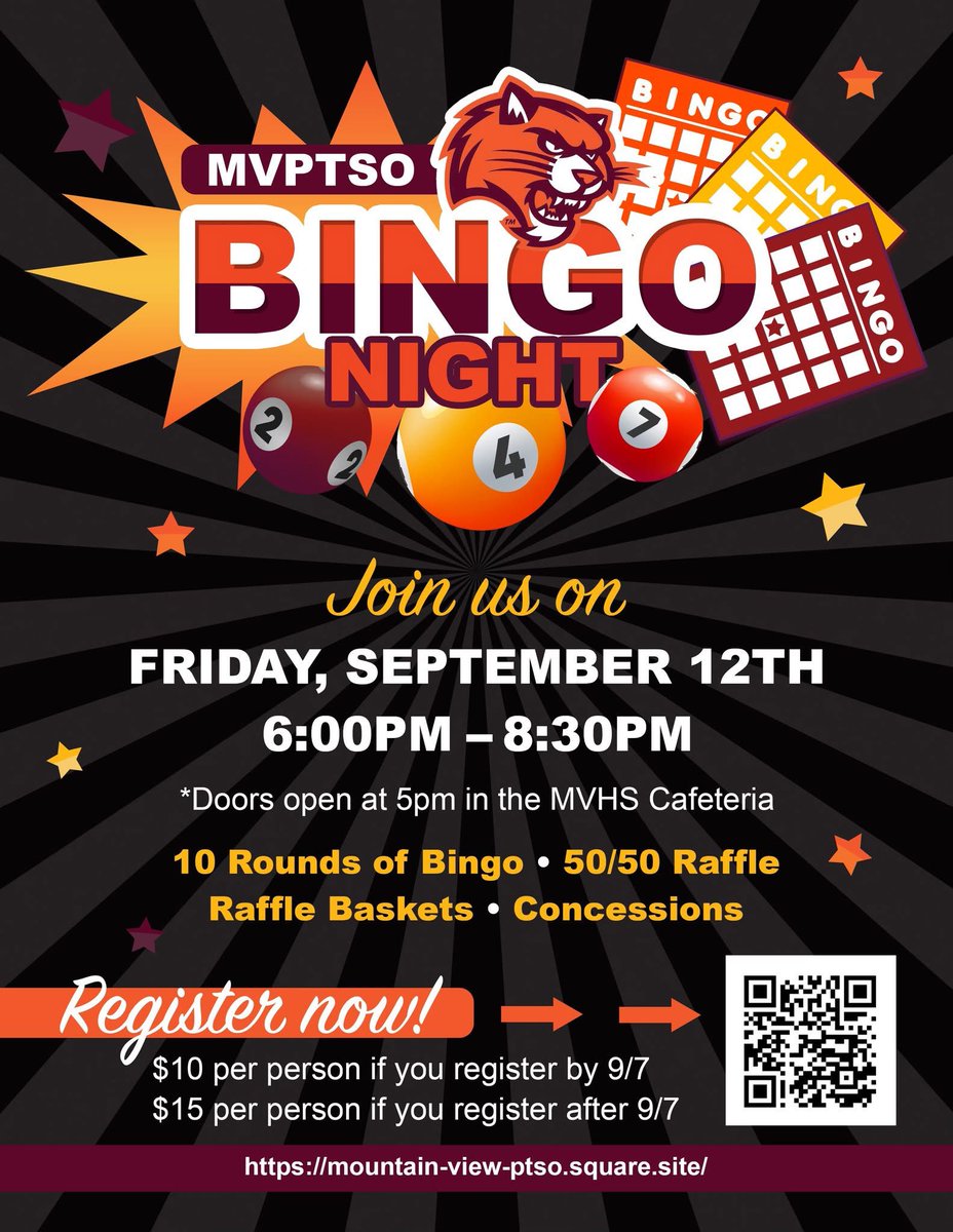📢💥B-I-N-G-OMG📢💥Registration Prices are going up!

$10 per person by 09/07/$15 After. Get your tickets now! Scan the QR Code or Follow the link to Purchase.

It’s going to be an AWESOME night 🐾🐾