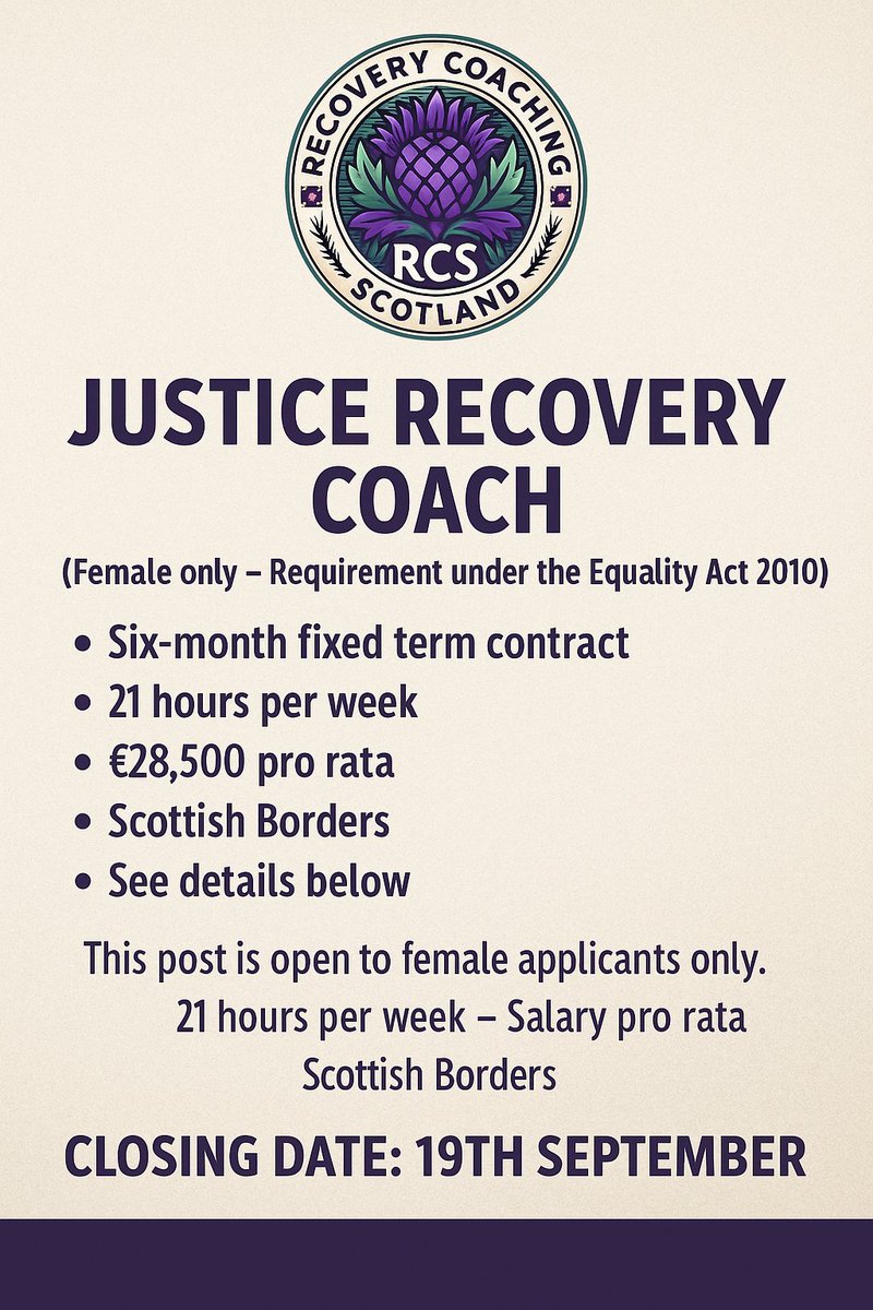 🚨 We’re hiring! 🚨
Recovery Coaching Scotland seeks a Female Justice Recovery Coach (PT, 21 hrs, £28.5k pro rata, 6-month FTC).
Apply by 19 Sept 👉 rod@recoverycoachingscot.org
Info pack: netorgft9489294-my.sharepoint.com/:f:/g/personal…