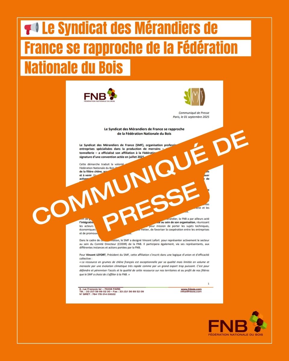 📢 Le Syndicat des Mérandiers de France (SMF) a officialisé son affiliation à la Fédération Nationale du Bois (FNB) à travers la signature d’une convention actée en juillet 2025.

👉 En savoir plus : fnbois.com/communique-de-…

#filiereforetbois #laforetensemble #Merranderie