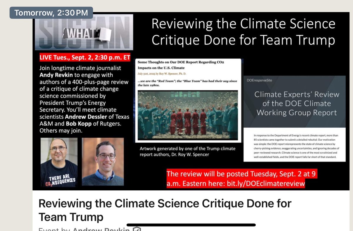 <a href="/OysteinSjolieEn/">Øystein Sjølie</a> <a href="/RogerPielkeJr/">The Honest Broker</a> The 400-plus-page response to the Trump-commissioned climate science  critique will be posted here Tuesday morning at 9 AM Eastern: sites.google.com/tamu.edu/doere…

You can discuss it with LIVE with me and a couple of the authors (<a href="/AndrewDessler/">Andrew Dessler</a>, Bob Kopp) at 230 Eastern: 

LinkedIn