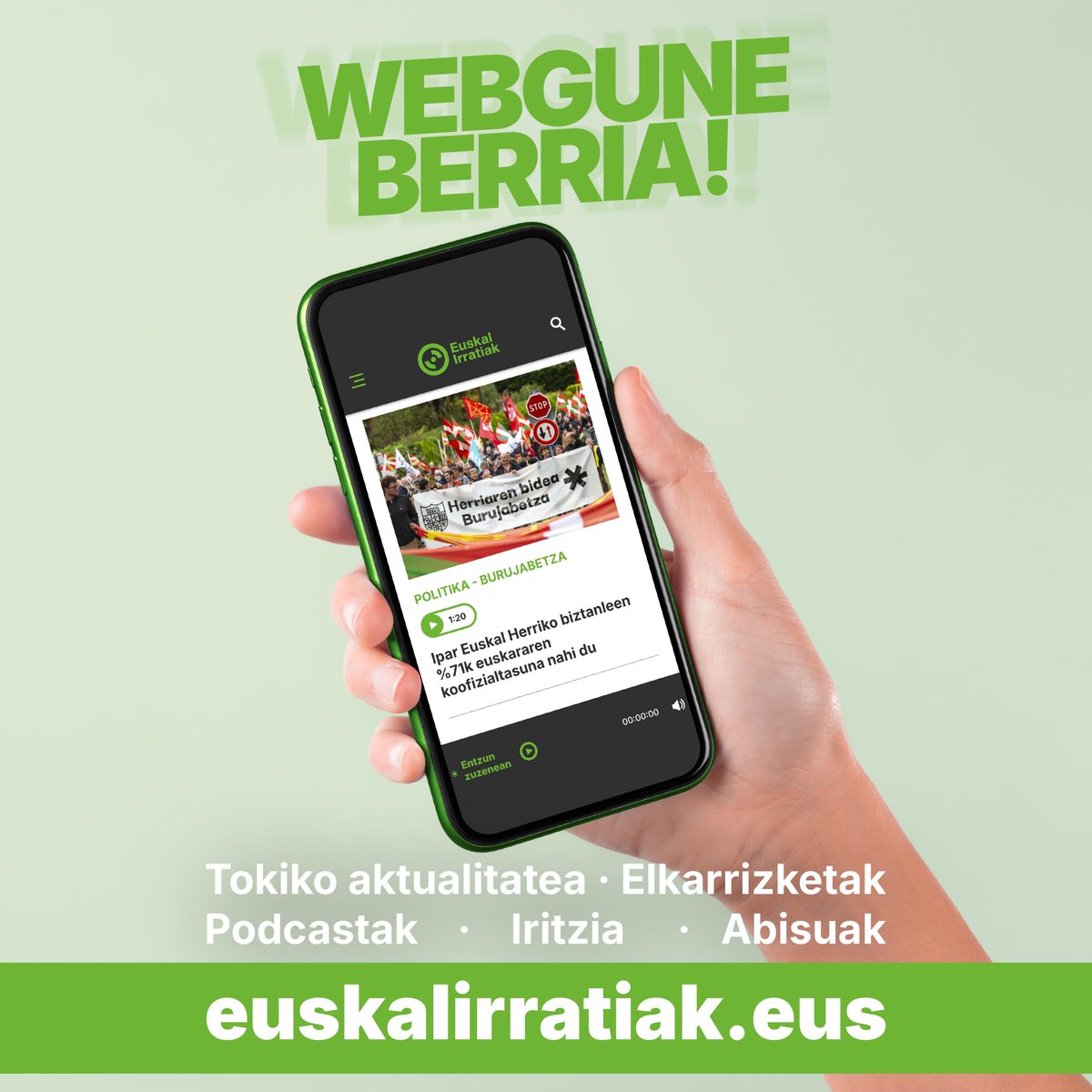 📲 Webgune berriak estreinatu ditugu Euskal Irratiek!

Euskal Irratiek, <a href="/gureirratia/">Gure Irratia</a>|k, <a href="/irulegi_irratia/">Irulegiko Irratia</a>|k eta Xiberoko Botzak webguneak berritu ditugu. Ordenagailu eta mugikorretarako egokituak dira euskarriak, baita aktualitatearen beharretara ere.

🔗 euskalirratiak.eus